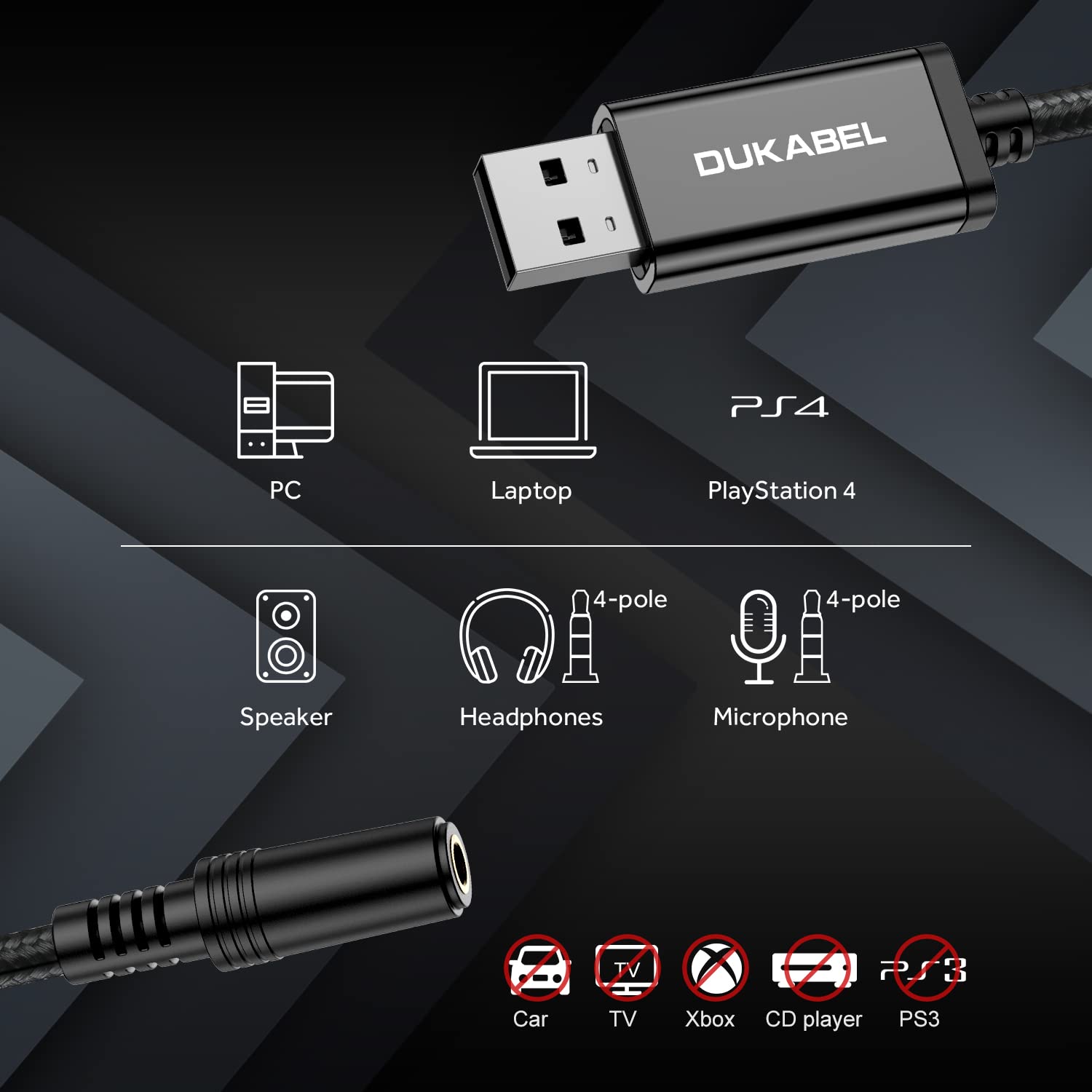 DUKABEL USB Headphone Adapter, External Sound Card with TRRS 4 Pole Jack, Mic-Supported USB to 3.5mm Audio Apdater for PC PS4 PS5 and More [9.8 inch]