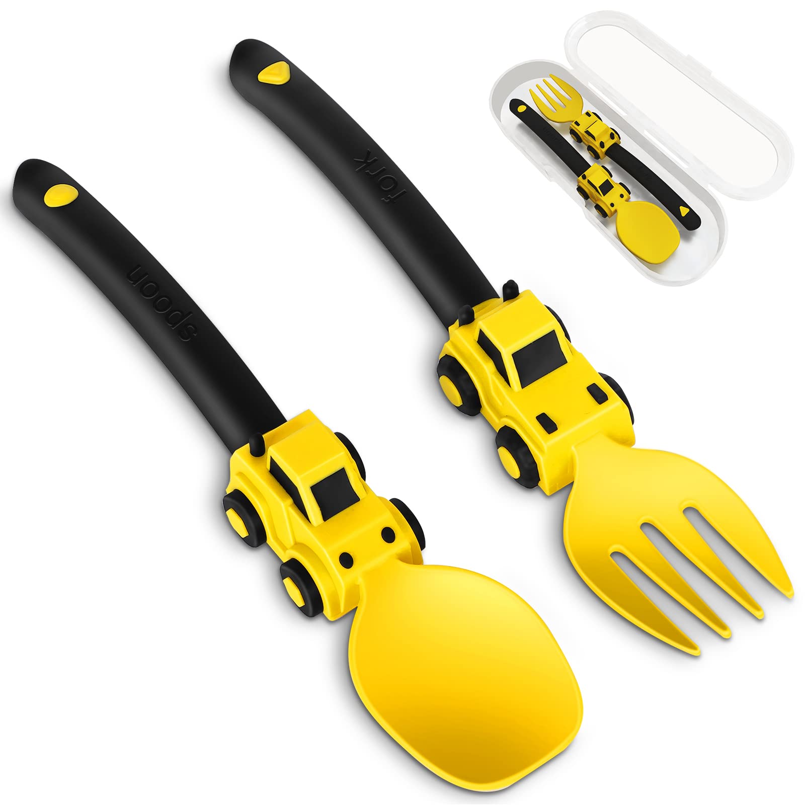 Deinyi Construction Toddler Utensils - Toddler Forks and Spoons - Kids Construction Truck Toys - Forks and Spoons Silverware Set - Christmas Birthday Gift Kids Toys for 1 2 3 4 5 year old, Yellow