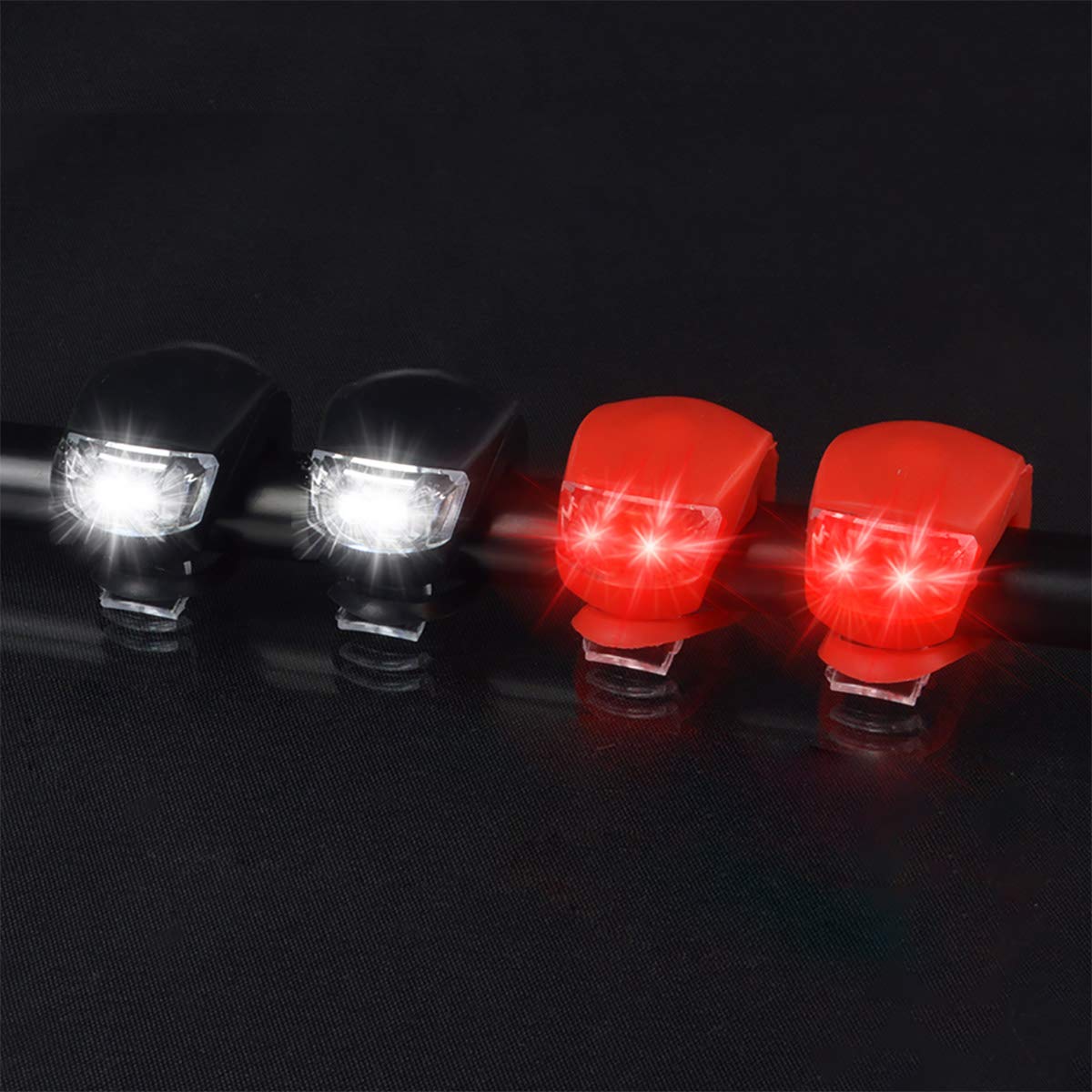 Malker Bicycle Light Front and Rear Silicone LED Bike Light Set - Headlight and Taillight,Waterproof & Safety Road,Mountain Bike Lights,Batteries Included (2pcs Red & 2pcs Black)