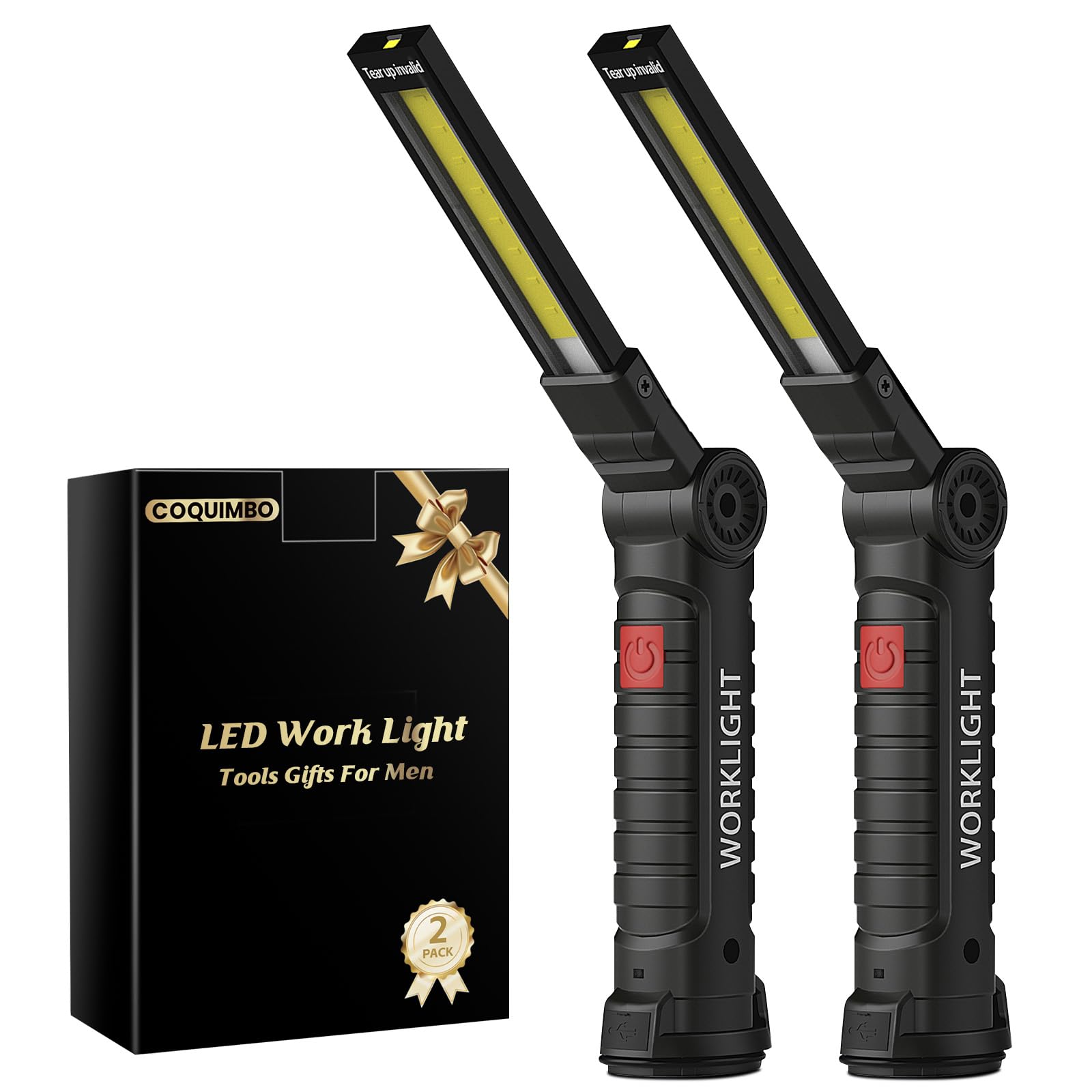 Coquimbo Tool Gifts for Men Dad Him Husband, Rechargeable LED Work Light BBQ Grill Light Accessories with Magnetic Base, 360 degrees Rotate Mechanic Flashlight Stocking Stuffers for Men Adults (2 Pack Black)