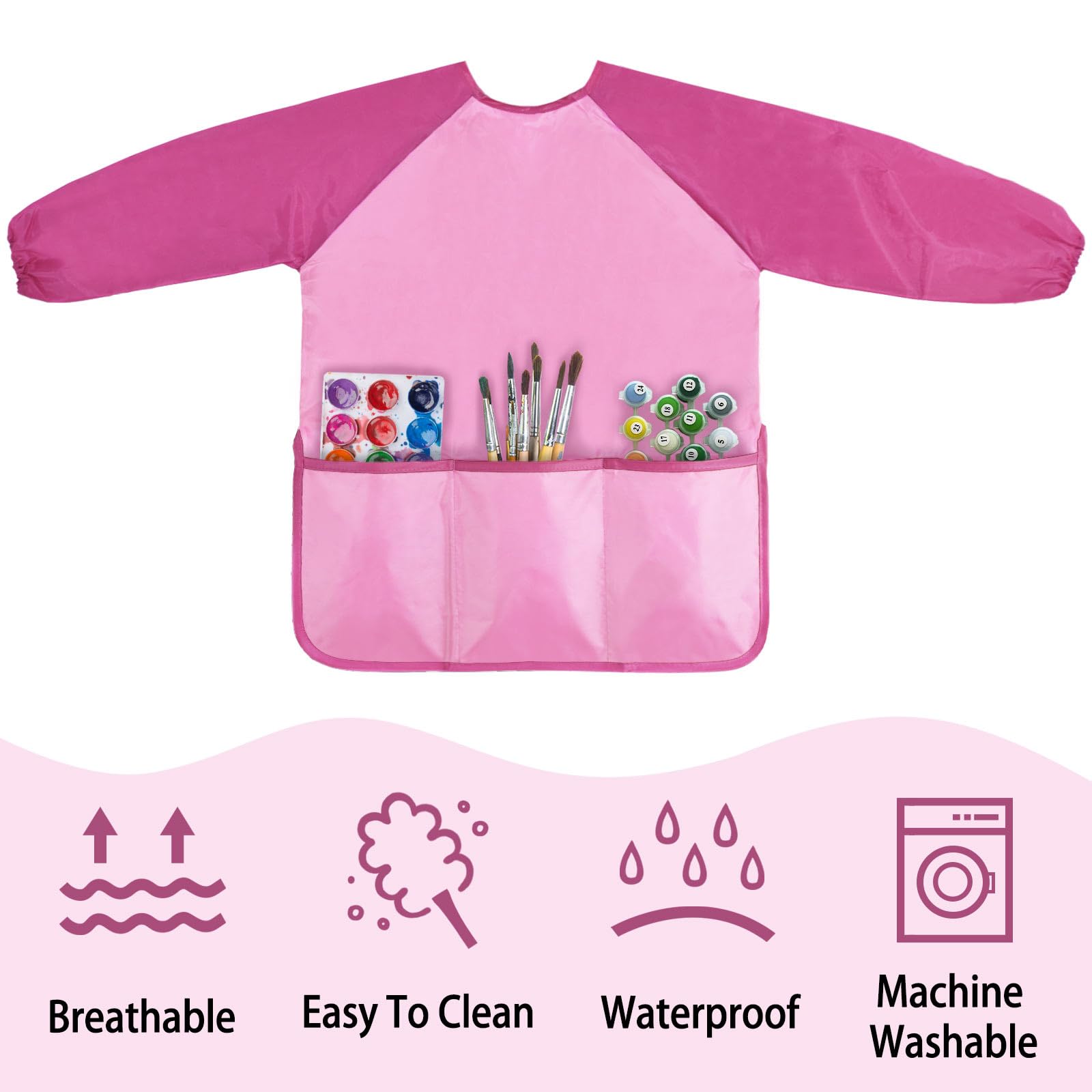 Kids Art Smock, Kids Painting Apron, Waterproof Children Artist Smock with Long Sleeve with 3 Pockets for Toddlers Age 2-6 (Pink)