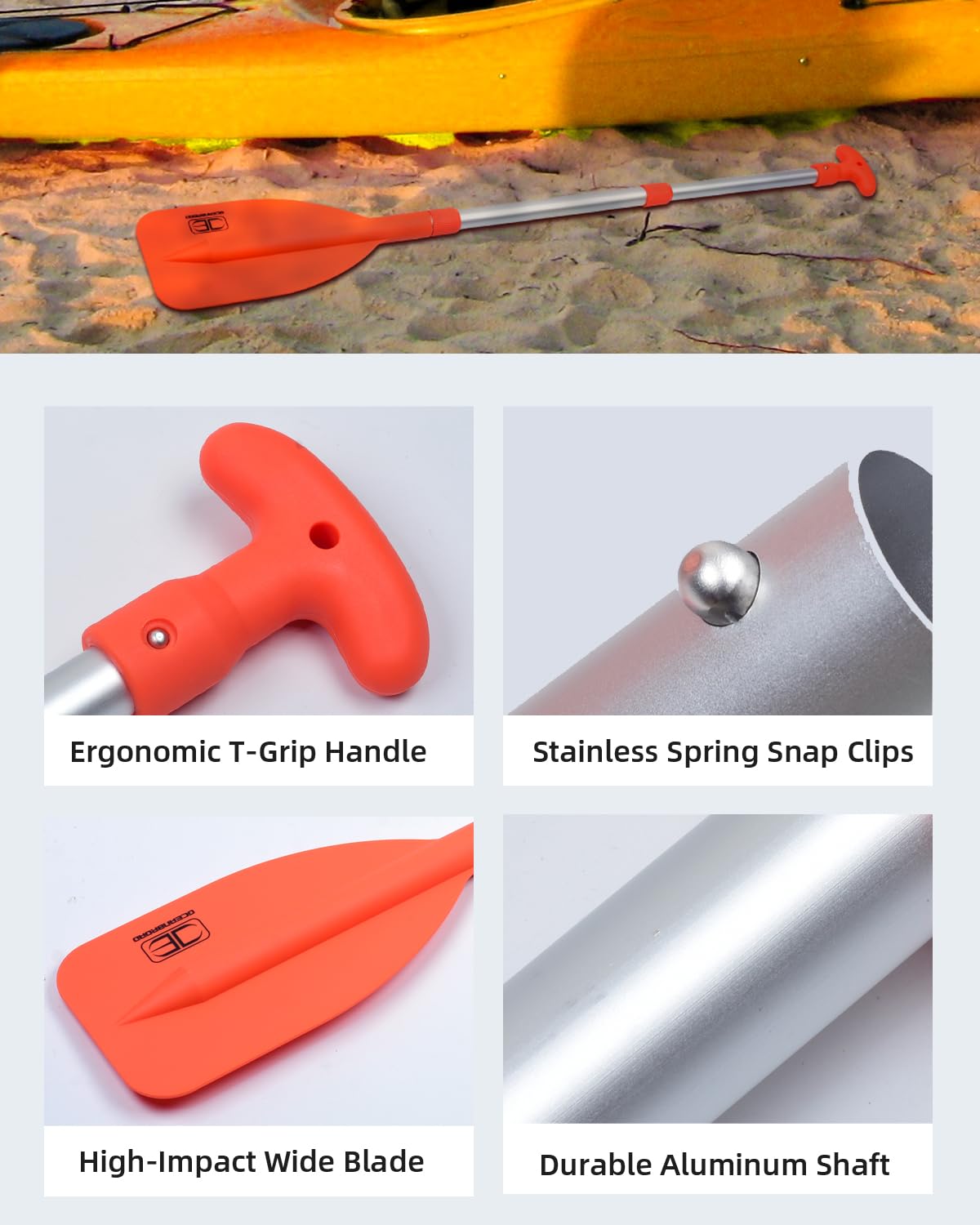 OCEANBROAD Telescoping Emergency Paddle 21''-42''（Assembling Required） Collapsible Paddles Aluminium Shaft for Kayaking Boating Canoeing River Tubing, Orange, 1 Paddle