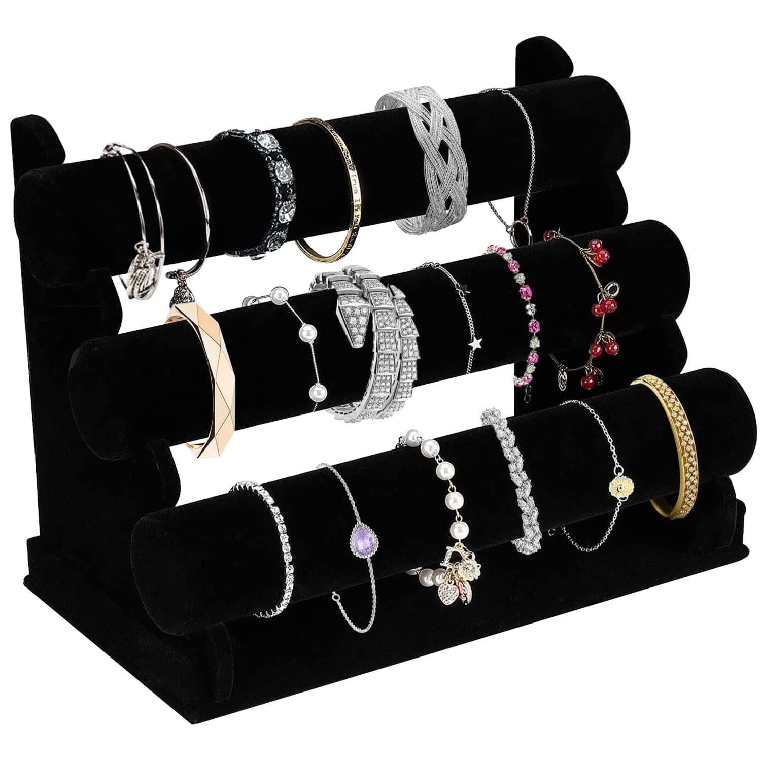 Velvet Bracelet Holder with 3 Tier Rack, Black Detachable Jewelry Display Stand T-Bar Necklace Storage Organizer for Bangles Watch Bracelets Scrunchies Organization Showcase