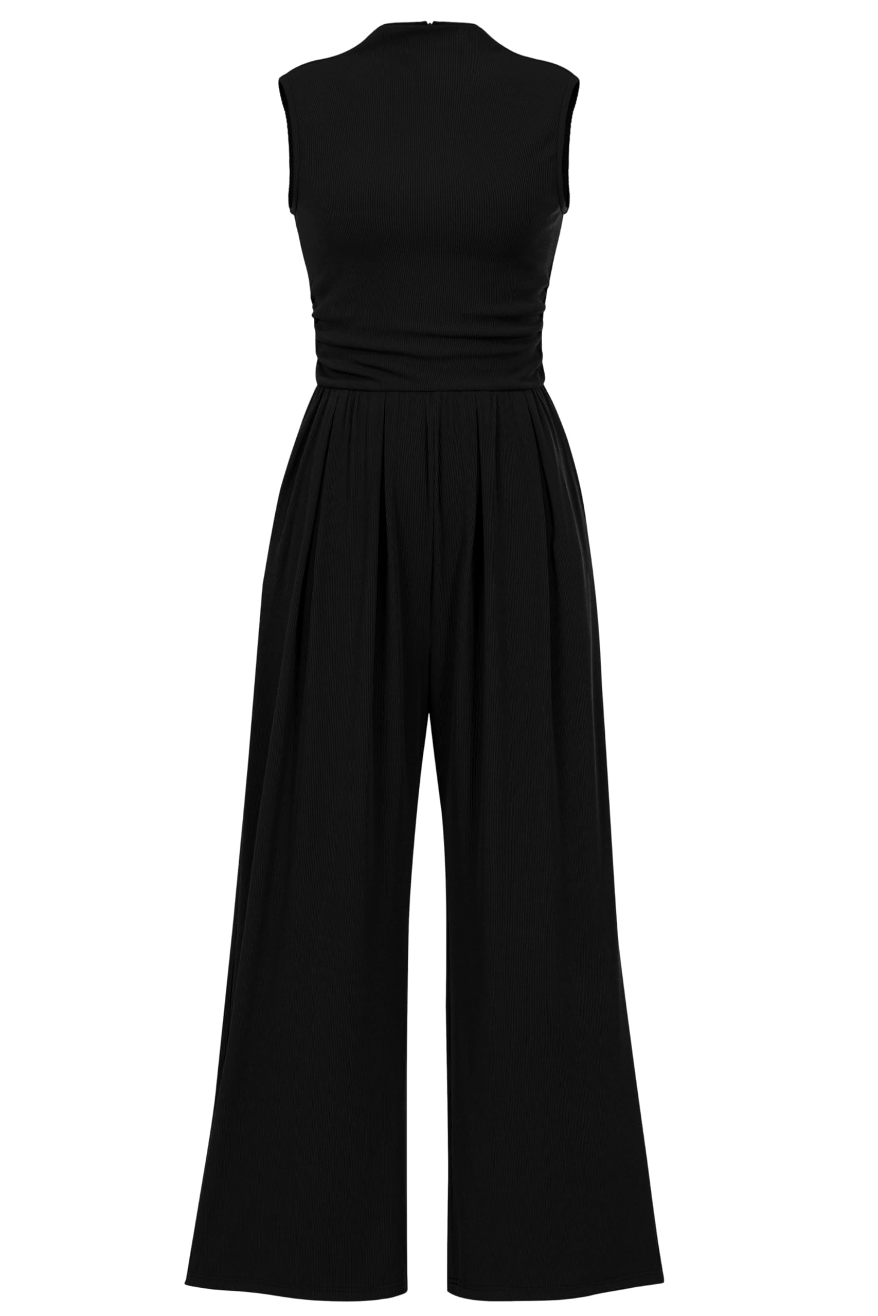 PRETTYGARDEN Womens Summer Jumpsuits Dressy Casual One Piece Outfits Sleeveless Mock Neck Wide Leg Pants Rompers with Pockets (Black,Medium)