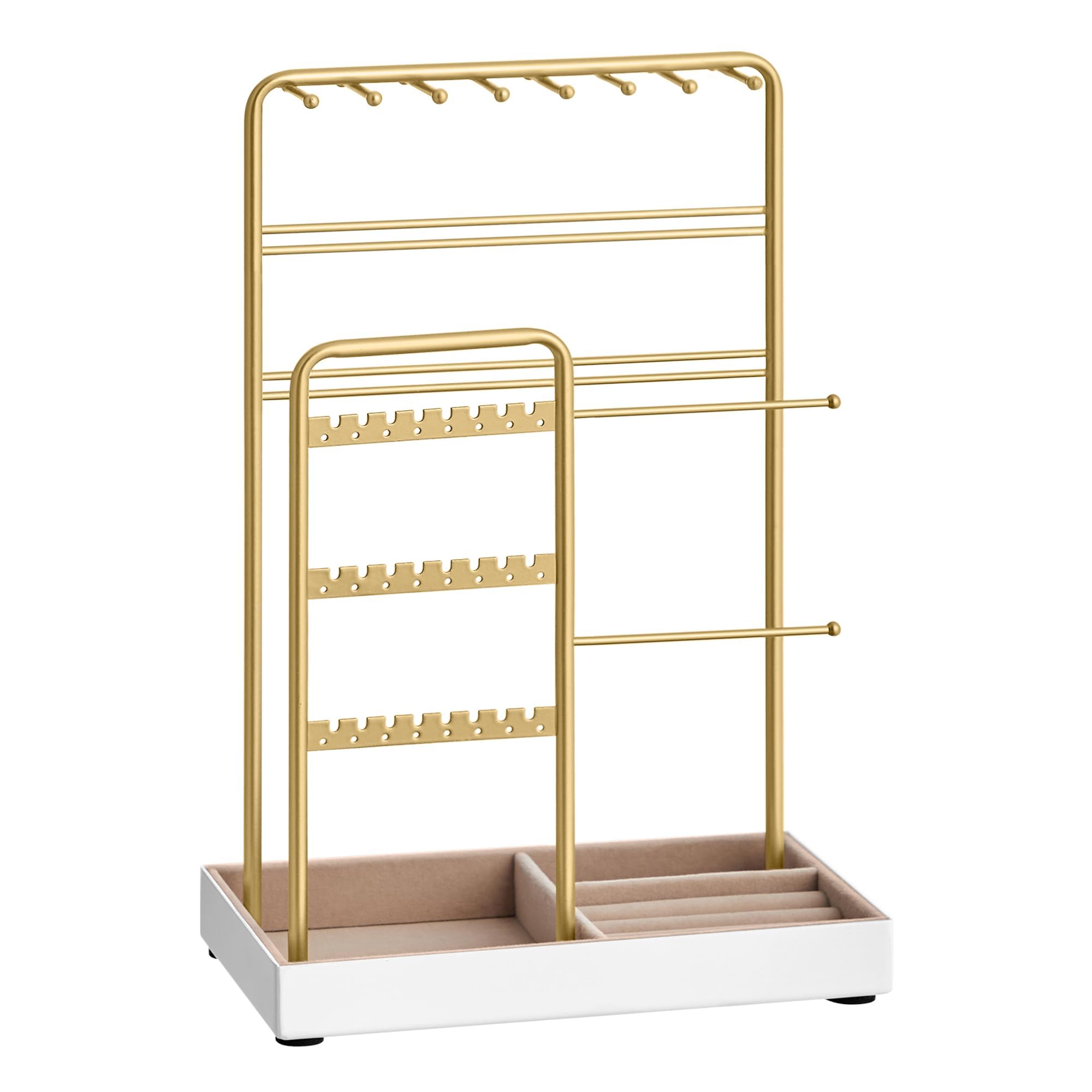 SONGMICS Jewelry Holder, Jewelry Organizer, Jewelry Display Stand with Metal Frame, Velvet Tray, Necklace Earring Bracelet Holder, for Studs, Rings, Gift Idea, Pale Gold UJJS021A01