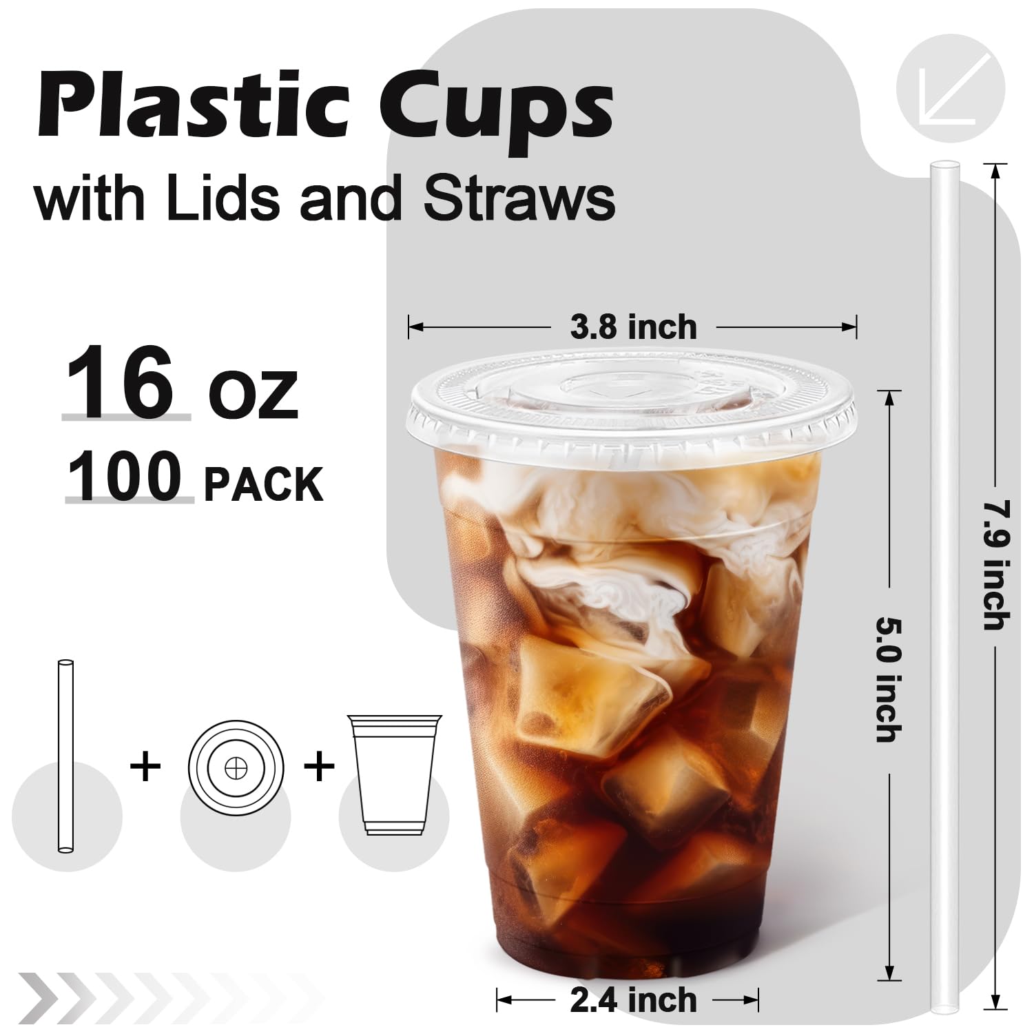 Huifany 100 Pack 16 oz Disposable Plastic Cups with Lids and Straws, Clear Party Coffee Cups for Cold Beverages, Smoothies, Iced Coffee, and Leak-Proof, BPA-Free