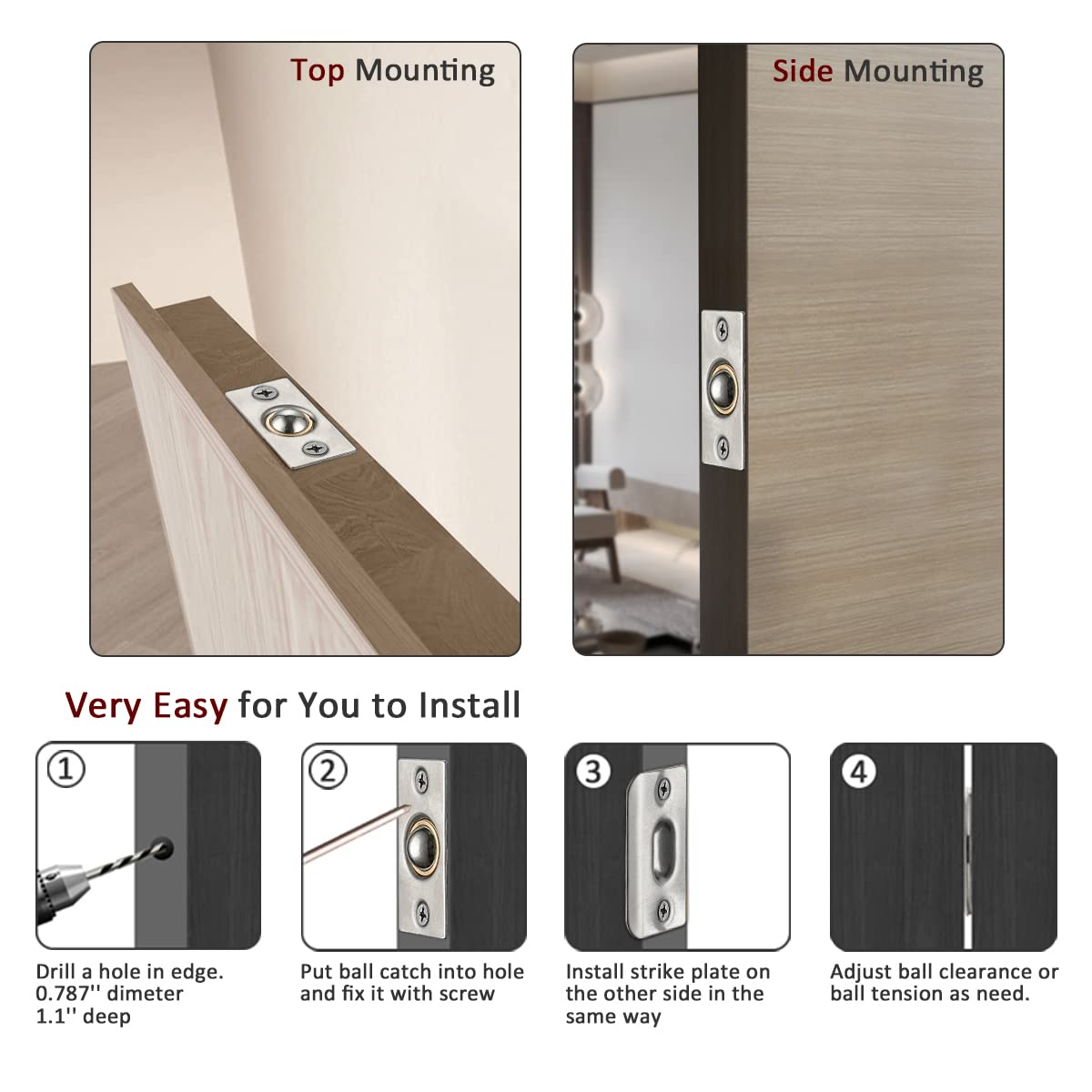 JQK Closet Door Ball Catch Hardware, Stainless Steel Catch Adjustable with Strike Plate, Brushed Satin Finish 2 Pack, HBC100-P2