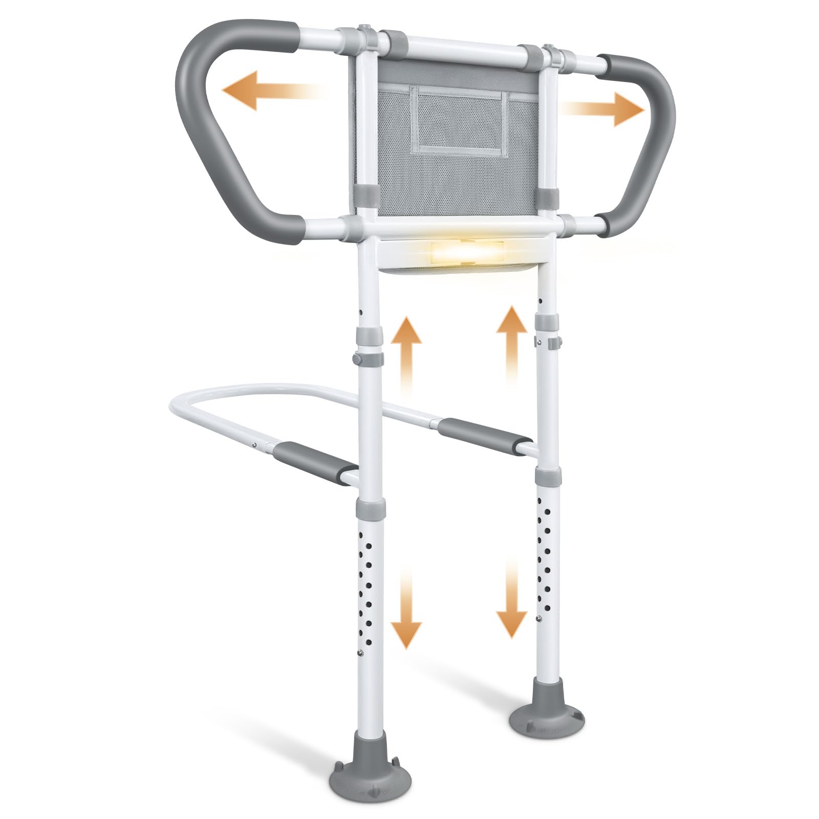Bed Rails for Elderly Adults Safety: Adjustable Bedside Assist Rails with Storage Pockets, Non-Slip Handles, Sensor Night Light, 400LB Gravity Capacity (Compatible with Bed Frames 15.5" or Highe)