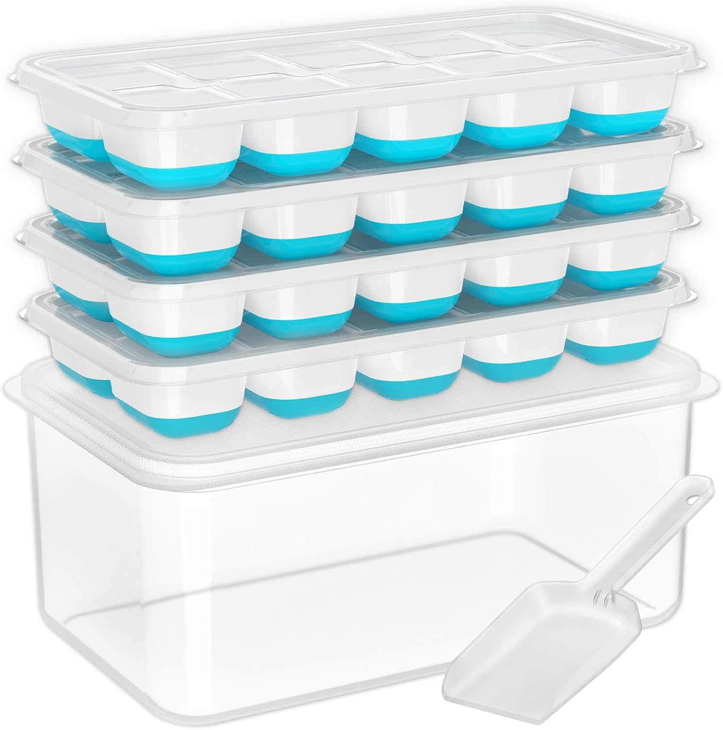 DOQAUS Ice Cube Tray with Lid and Bin, 4 Pack Silicone Plastic Ice Cubes Trays for Freezer with Box/Container, Stackable with Storage Iced Bucket Kits, Scoop, for RV, Soup, Food, Cocktail, Coffee