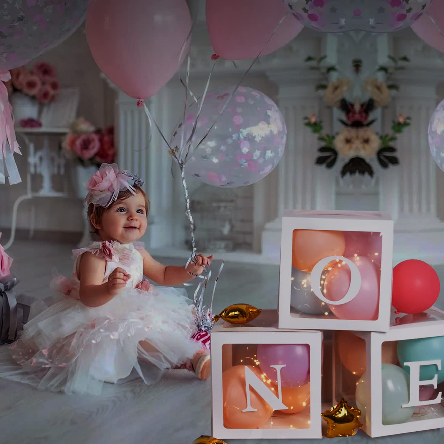 TECKED First Birthday Decorations For Boy Or Girl, 3 Pcs ONE Balloon Boxes For 1st Birthday, Baby Clear Blocks Party Decor With ONE Letters For Photoshoot Props, Cake Smash Backdrop