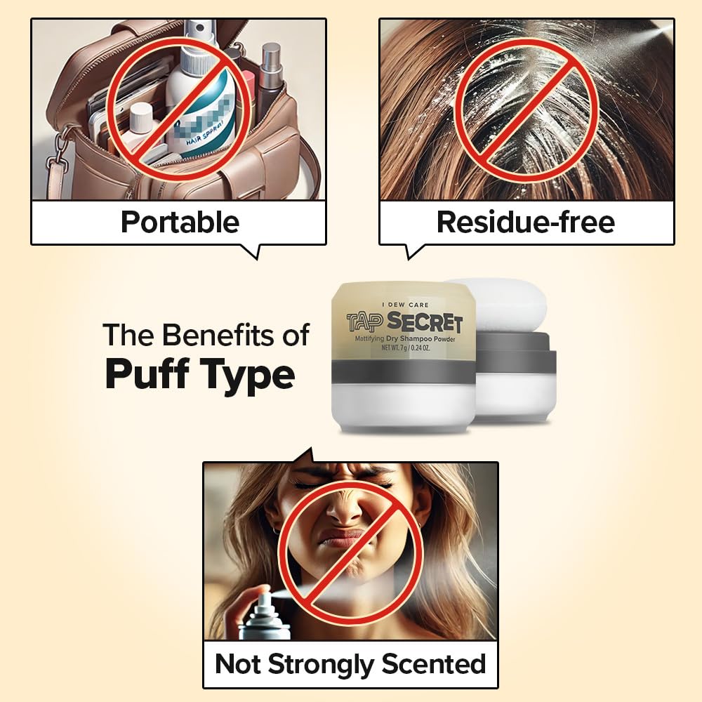 I DEW CARE Tap Secret Dry Shampoo Powder with Biotin - Tap Secret Original | Strengthening & Volumizing, Refillable, Travel size, Non-aerosol, Brunette, Korean Ginseng, Dry Shampoo for Women, 0.24 Oz
