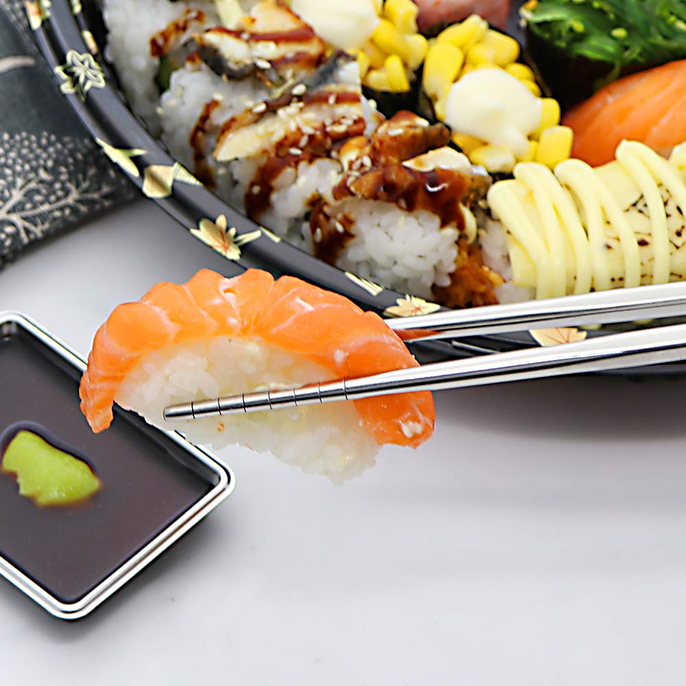 Stainless Steel Chopsticks 5 Pairs Reusable Multicolor Lightweight 304 Metal Chopsticks Square Lightweight Non-Slip Chop Sticks Dishwasher Safe Gift Set(Silver Hollow)