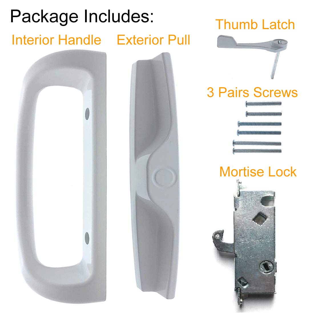 Patio Door Handle Set + Mortise Lock 45° Perfect Replacement for Sliding Glass Door Fits 3-15/16” Screw Hole Spacing, Non-keyed with Latch Locks,White Diecast,Reversible Design(Non-Handed)
