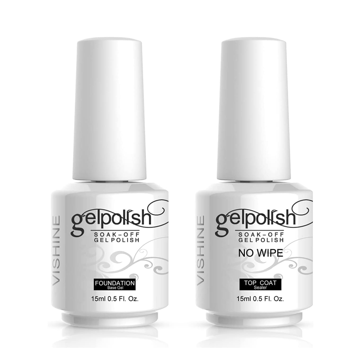 Vishine 15ml No Wipe Top Coat Base Coat Soak off UV LED Drying Long Lasting Shiny Nail Varnish Set