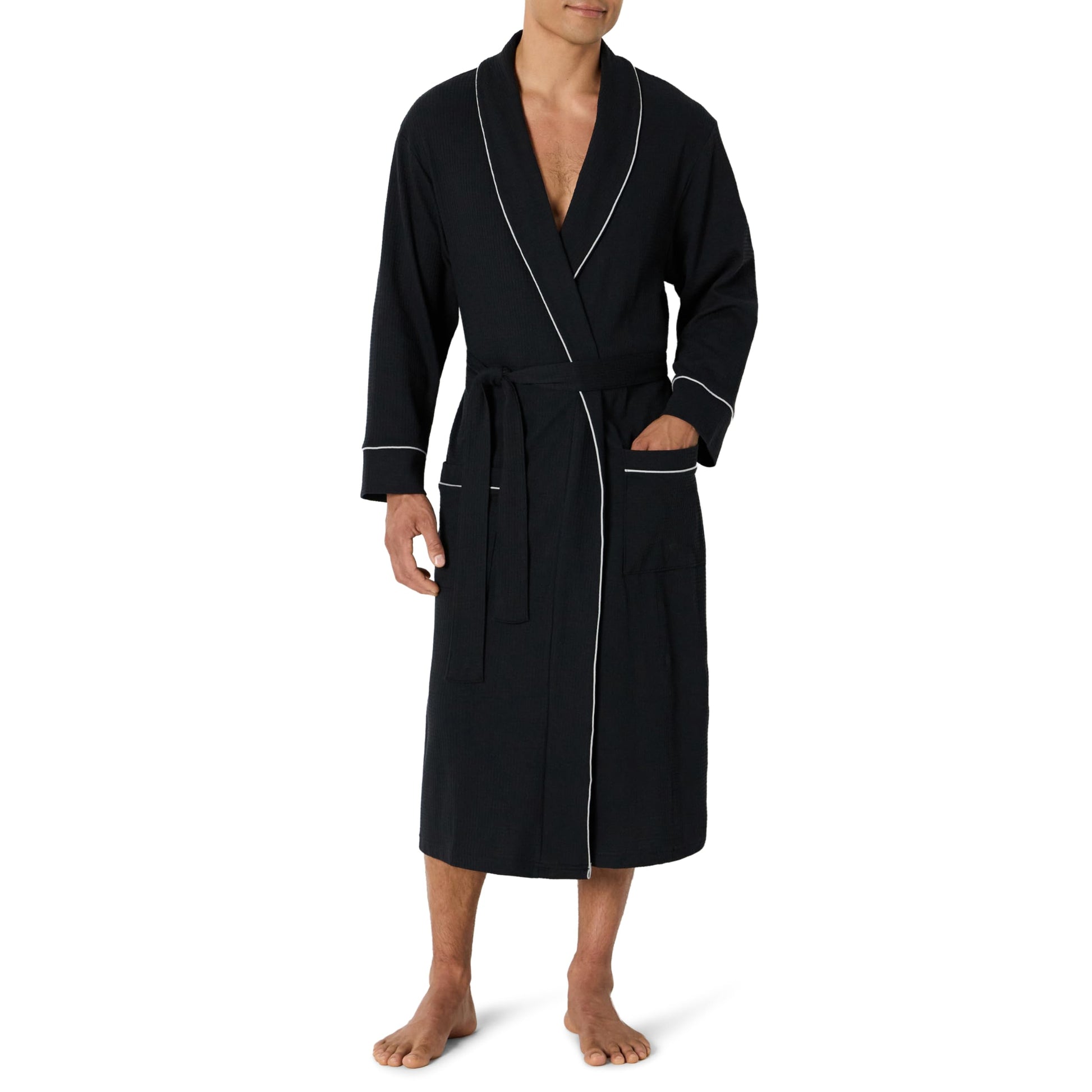 Amazon Essentials Men's Lightweight Waffle Bathrobe (Available in Big & Tall), Black, Medium-Large