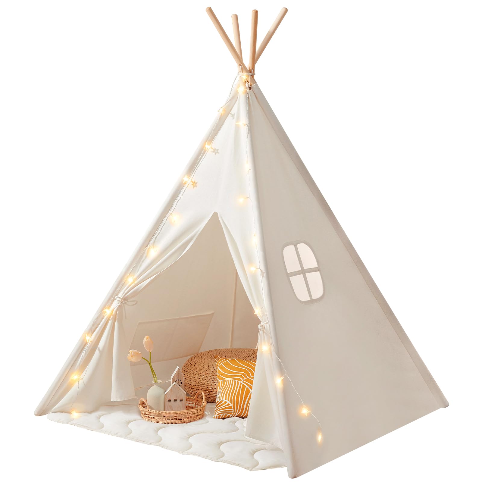 Tiny Land Teepee Tent for Kids – 100% Cotton Play Tent with Padded Mat & Star Lights, Foldable with Carry Bag, Indoor Play Tent for Girls & Boys