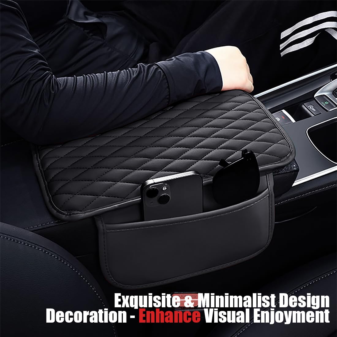 ESKONKE [Upgraded] Car Center Console Cover with 2 Storage Bags - Premium Nappa Leather Armrest Cover, Scratch & Wear Resistant, Waterproof Car Interior Accessories (Classic - Black)