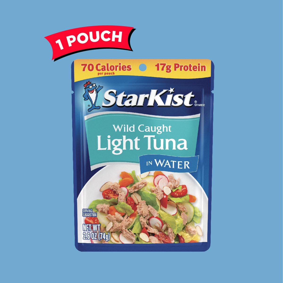 StarKist Chunk Light Tuna in Water, 2.6 oz Pouch (1 Pack) Ready to Eat Wild Caught Tuna, 17g Protein, 70 Calories Per Serving, Gluten Free, Soy Free, Kosher, Perfect for Salads, Keto Meals and Snacks