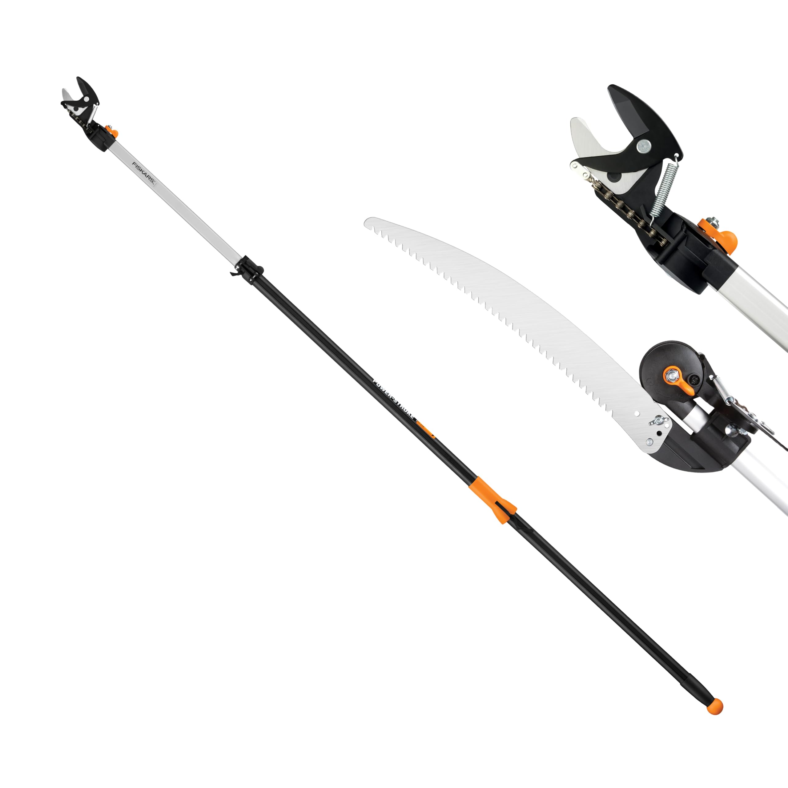 Fiskars أداة تقليم الأشجار والمنشار التلسكوبي 2 في 1 (يمتد من 7.9 إلى 12 قدمًا) مع رأس دوار، طراز Pruning Stik مع شفرة منشار مزدوجة الشحذ بطول 15 بوصة، ونظام قفل مزدوج