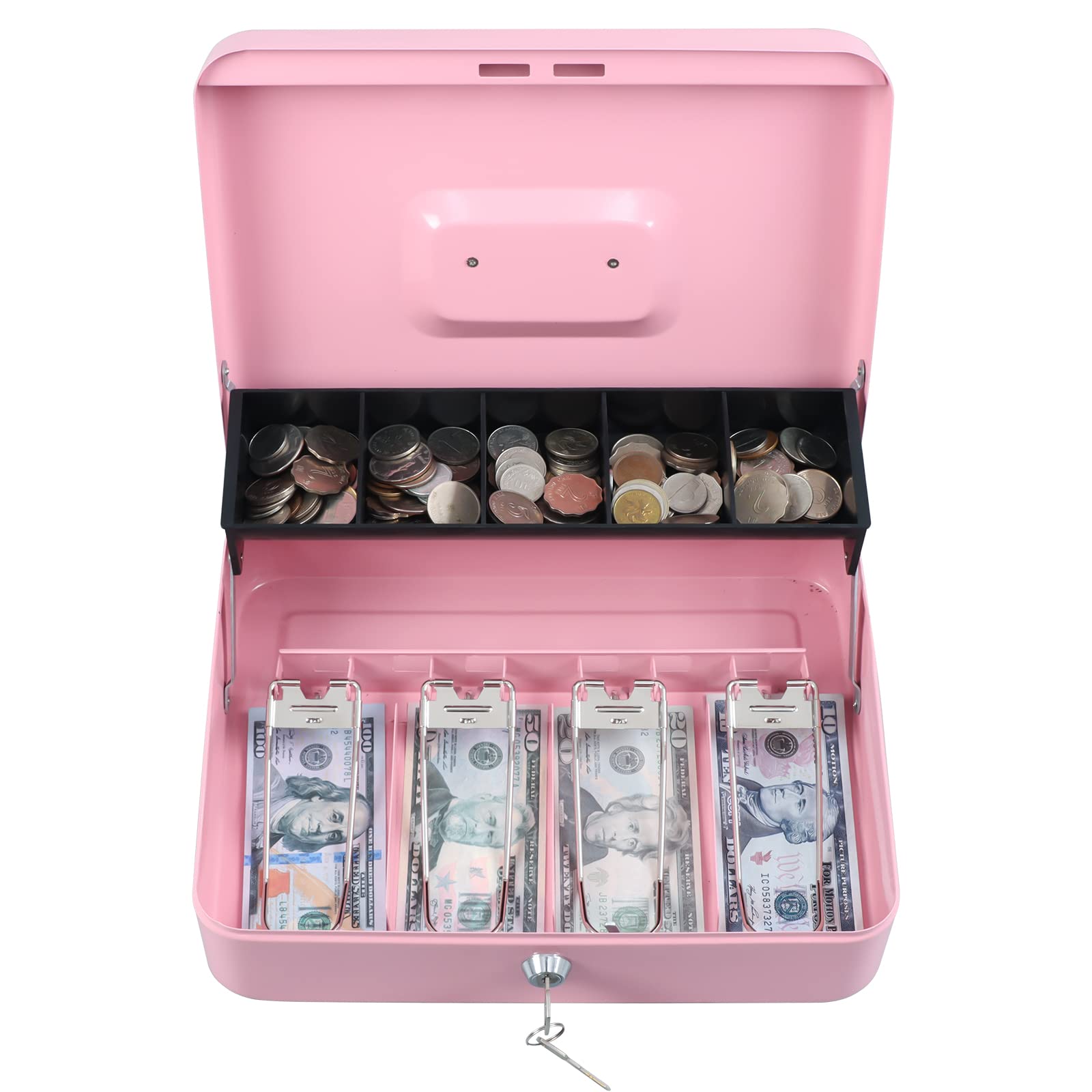 xydled Cash Box with Money Tray and Key Lock,Tiered, Cantilever Design,4 Bill / 5 Coin Slots,11.8" x 9.5" x 3.5",Pink