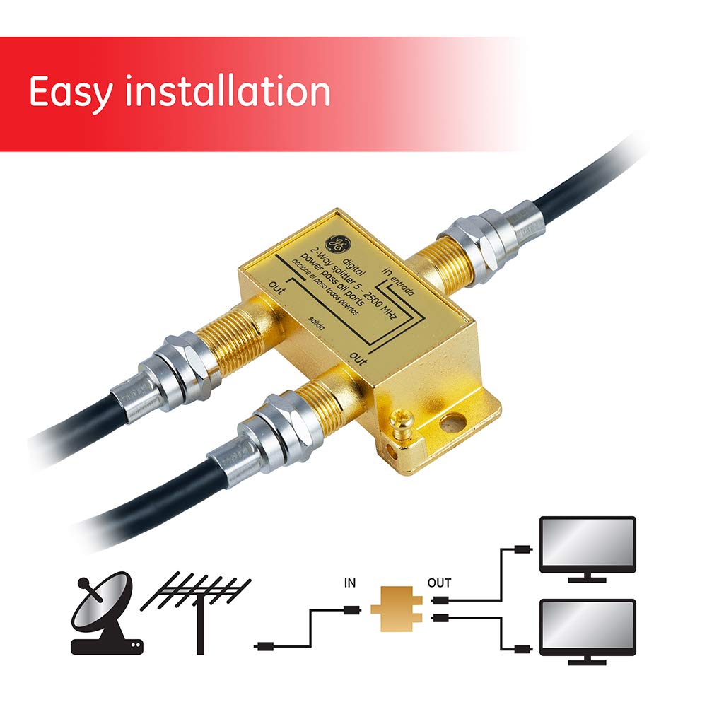 GE Digital 2-Way Coaxial Cable Splitter, 2.5 GHz 5-2500 MHz, RG6 Compatible, Works with HD TV, Satellite, High Speed Internet, Amplifier, Antenna, Gold Plated Connectors, Corrosion Resistant, 33526