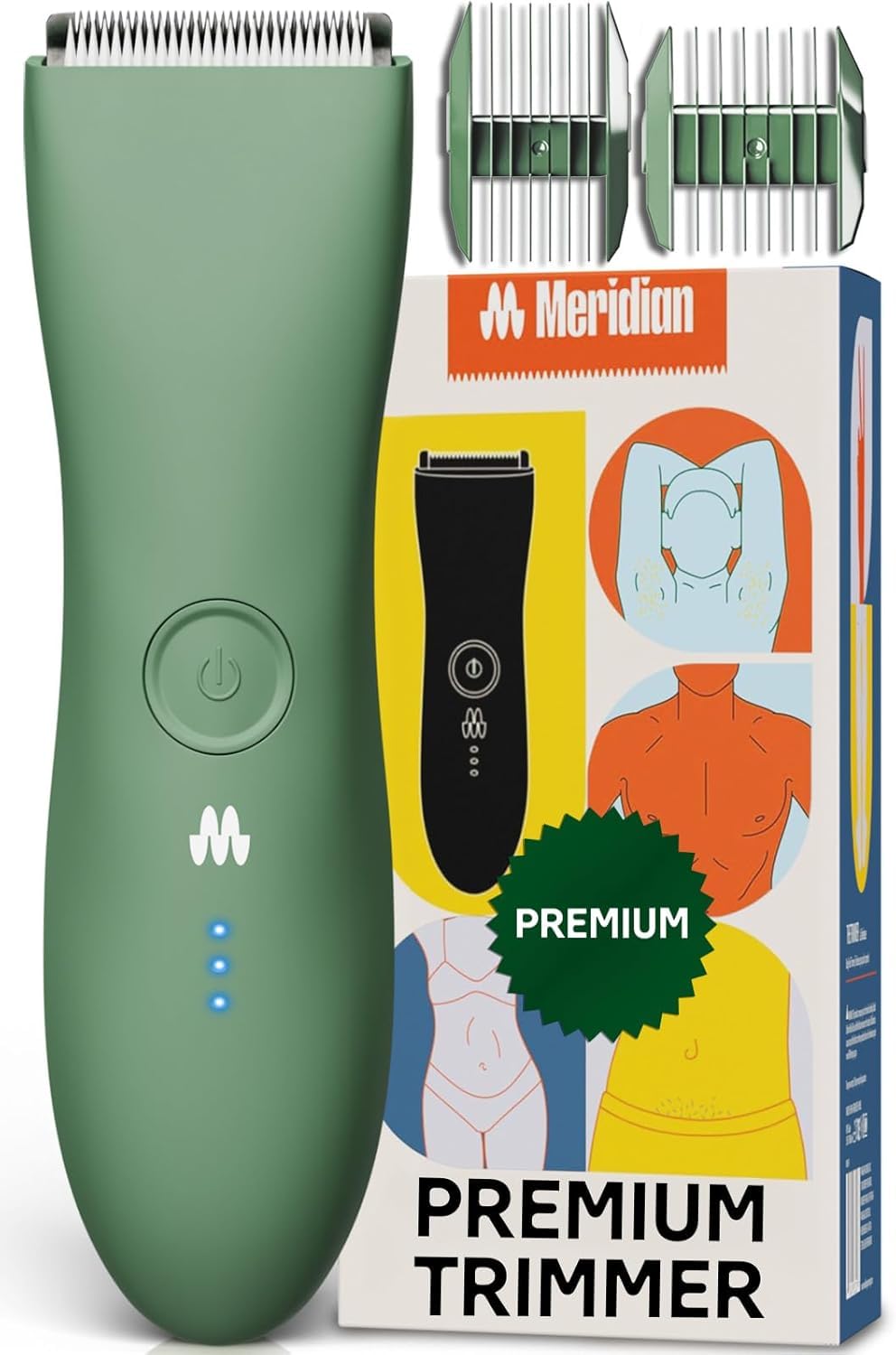 MERIDIAN The Trimmer Original - Body Hair Trimmer for Men, Electric Shaver for Pubic Hair, Chest, Legs & Bikini, Waterproof & Rechargeable, Sage
