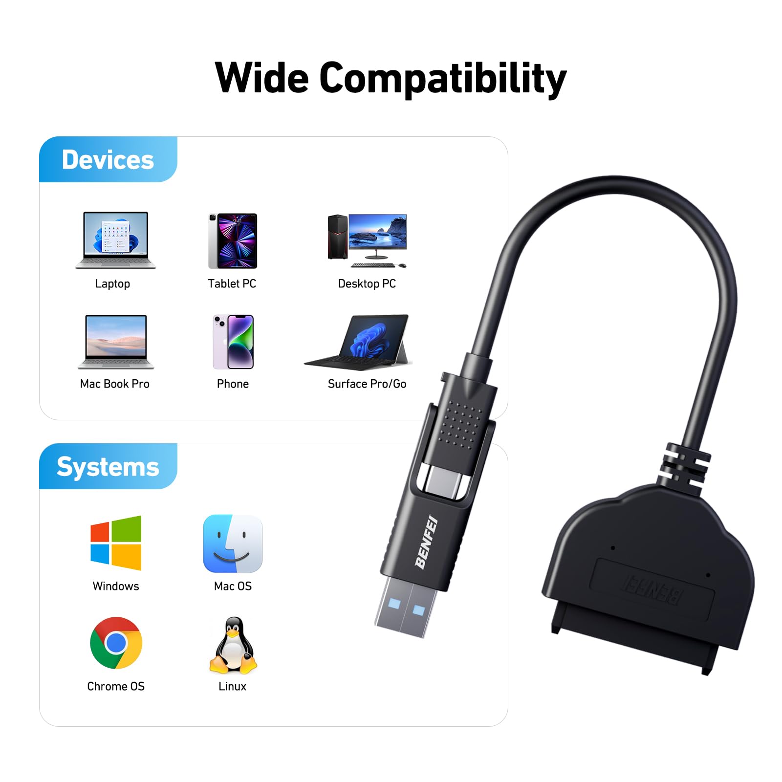BENFEI SATA to USB Cable, 2in1 USB-C/USB 3.0 to SATA III Hard Driver Adapter Compatible for 2.5 inch HDD and SSD