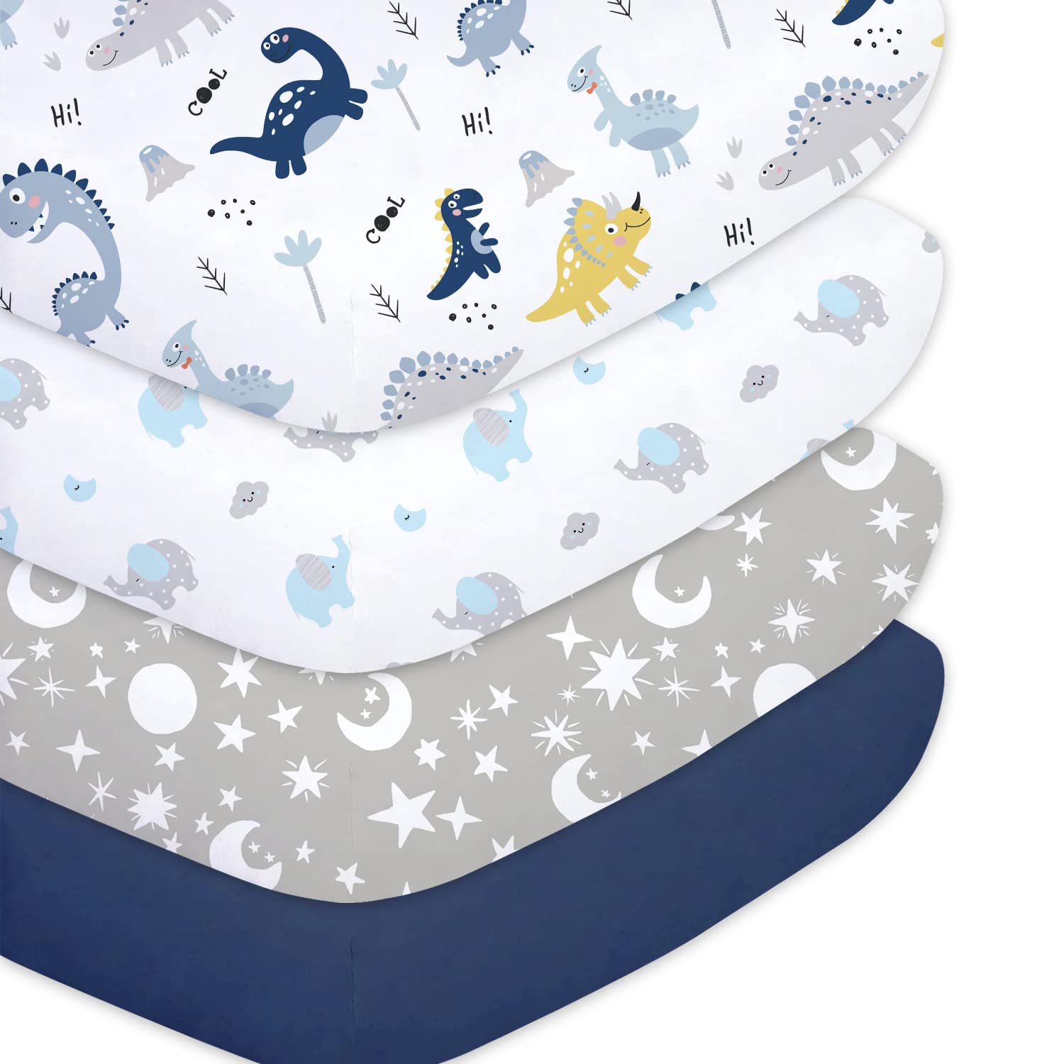 ملاءات سرير Plushii للأولاد الصغار 4 قطع، مقاس 28 × 52 بوصة، مجموعة ملاءات سرير ناعمة جدًا من الألياف الدقيقة لسرير الأطفال القياسي ومرتبة الأطفال الصغار، بتصاميم ديناصور وفيل ونجوم وأزرق داكن