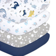 Plushii Spannbettlaken für Baby Jungen 4er-Pack, 71x132 cm extra weiches Mikrofaser-Kinderbettlaken-Set für Standard-Kinderbetten & Kleinkindmatratzenauflagen, Dinosaurier & Elefant & Sterne & Marineblau