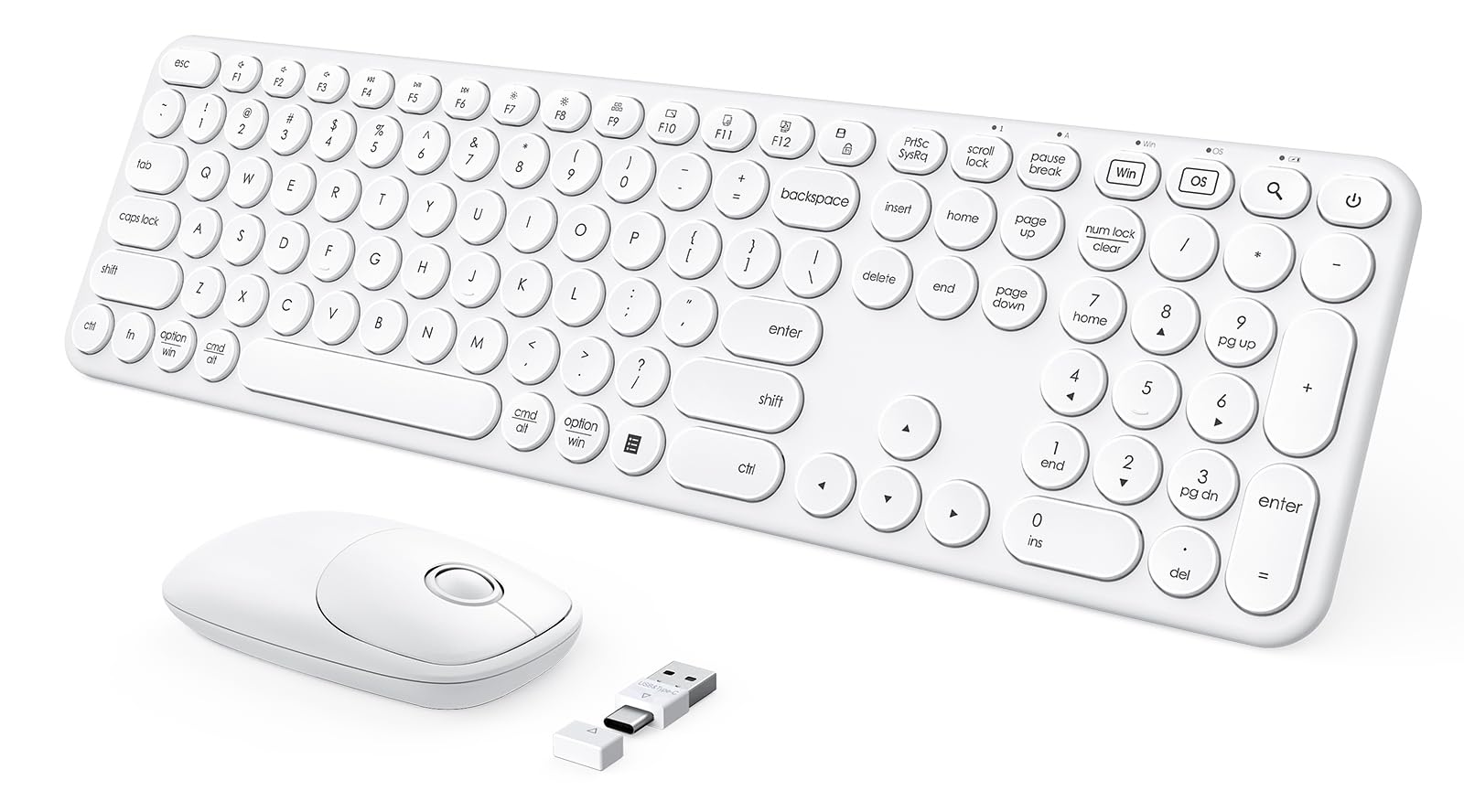 seenda Wireless Keyboard and Mouse, USB & Type C 2-in-1 Receiver, SK73-3 Full Size White Wireless Keyboard Mouse Combo, Compatible for Windows, MacBook Pro/Air, Laptop, Desktop, PC - White