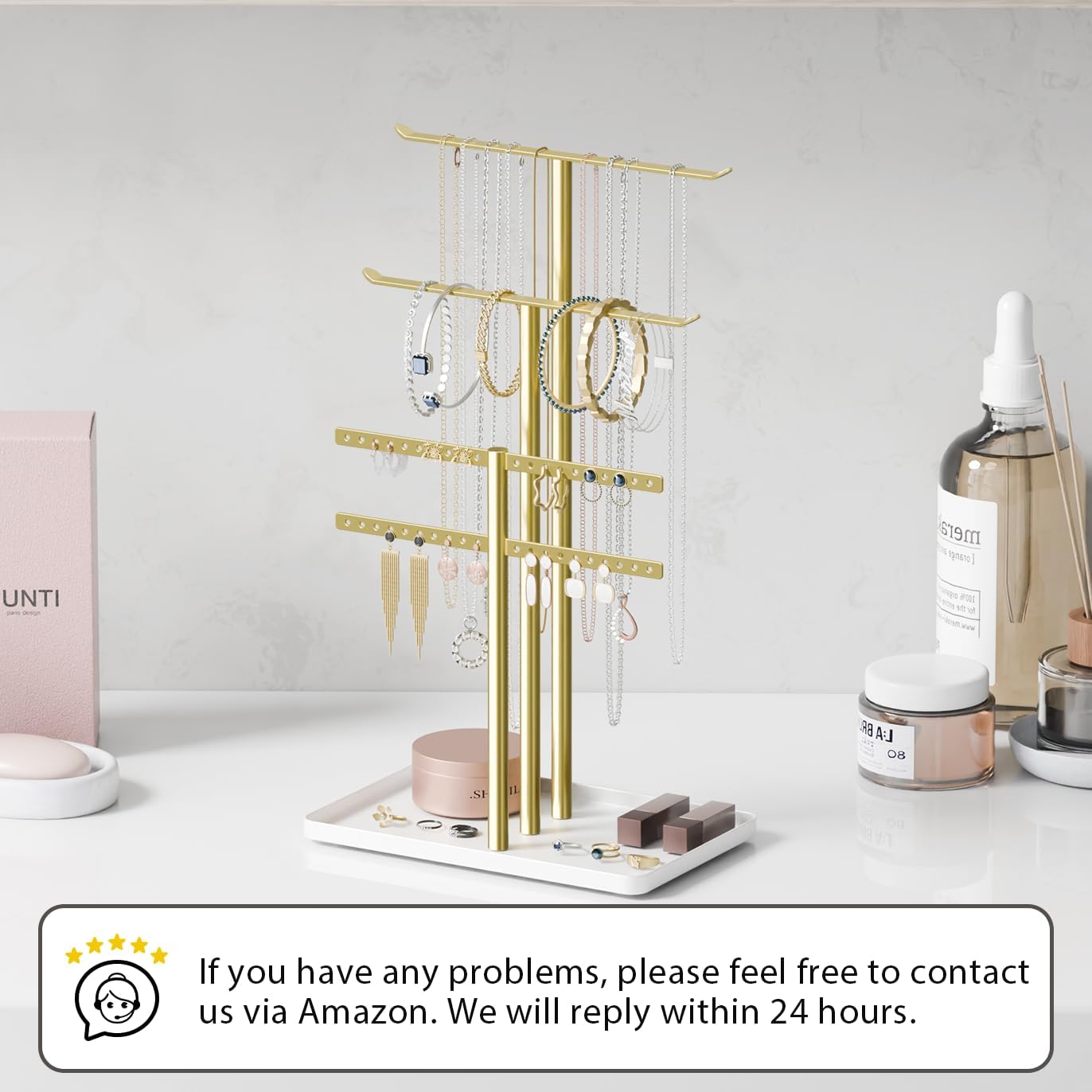 pickpiff Jewelry Stand Holder Organizer: 14.5" Sturdy Hanger for 80 Pcs Jewelry, Gift for Women, Gold Jewlery Tower for Necklace, Earring, Bracelet