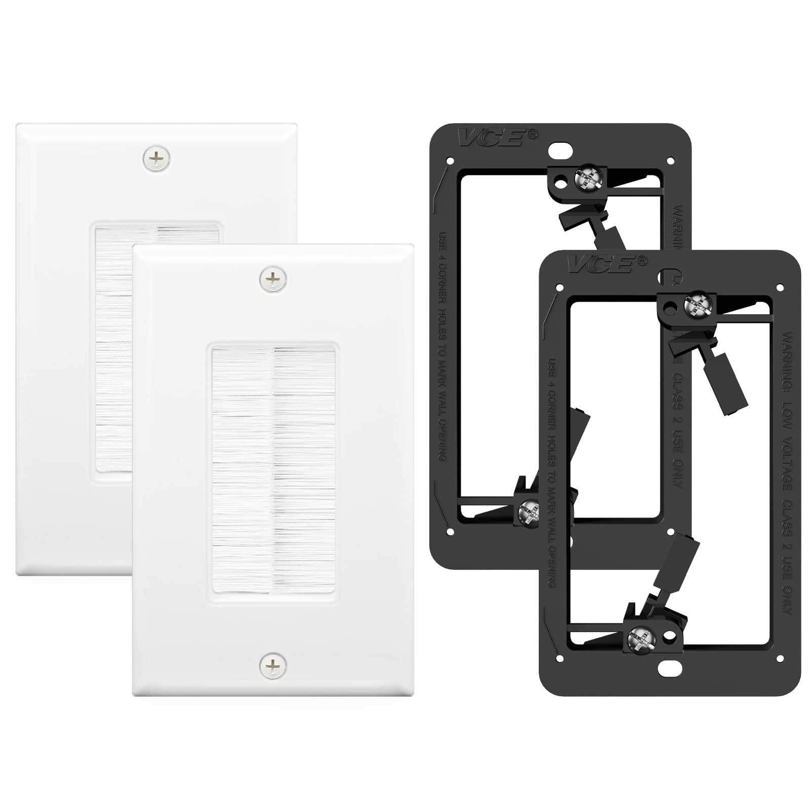 VCE Brush Wall Plate Cable Pass Through with Bracket, Decorator Cover for Low Voltage Cables - White, 2-Pack