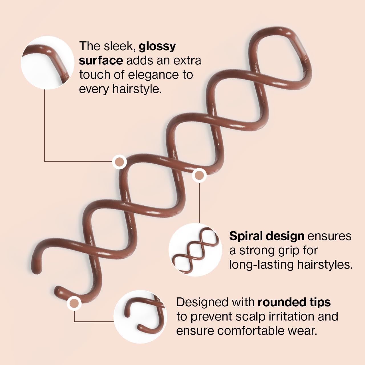 Kitsch Spiral Bobby Pins for Girls and Women - Hair Bun Maker | Rounded Tips, Chip-Resistant Bun Twist Spiral Hair Pins | Secure Hold All-Day - 3Pcs, Brown