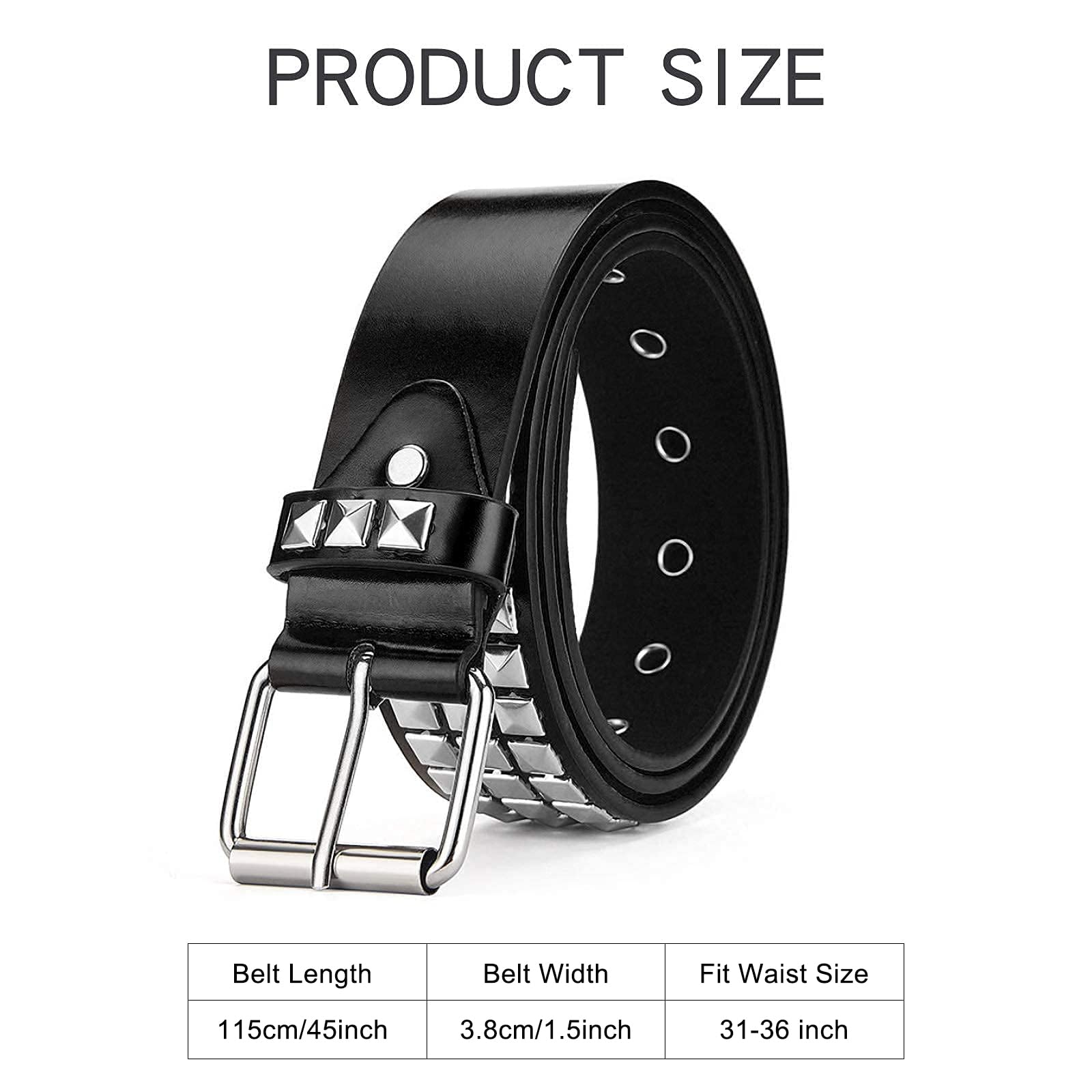 SNCEAW Studded Belt, Metal Punk Rock Rivet belt with Bright Pyramid Studded for Women Men (Black, Fit Pant 31-36 inch)