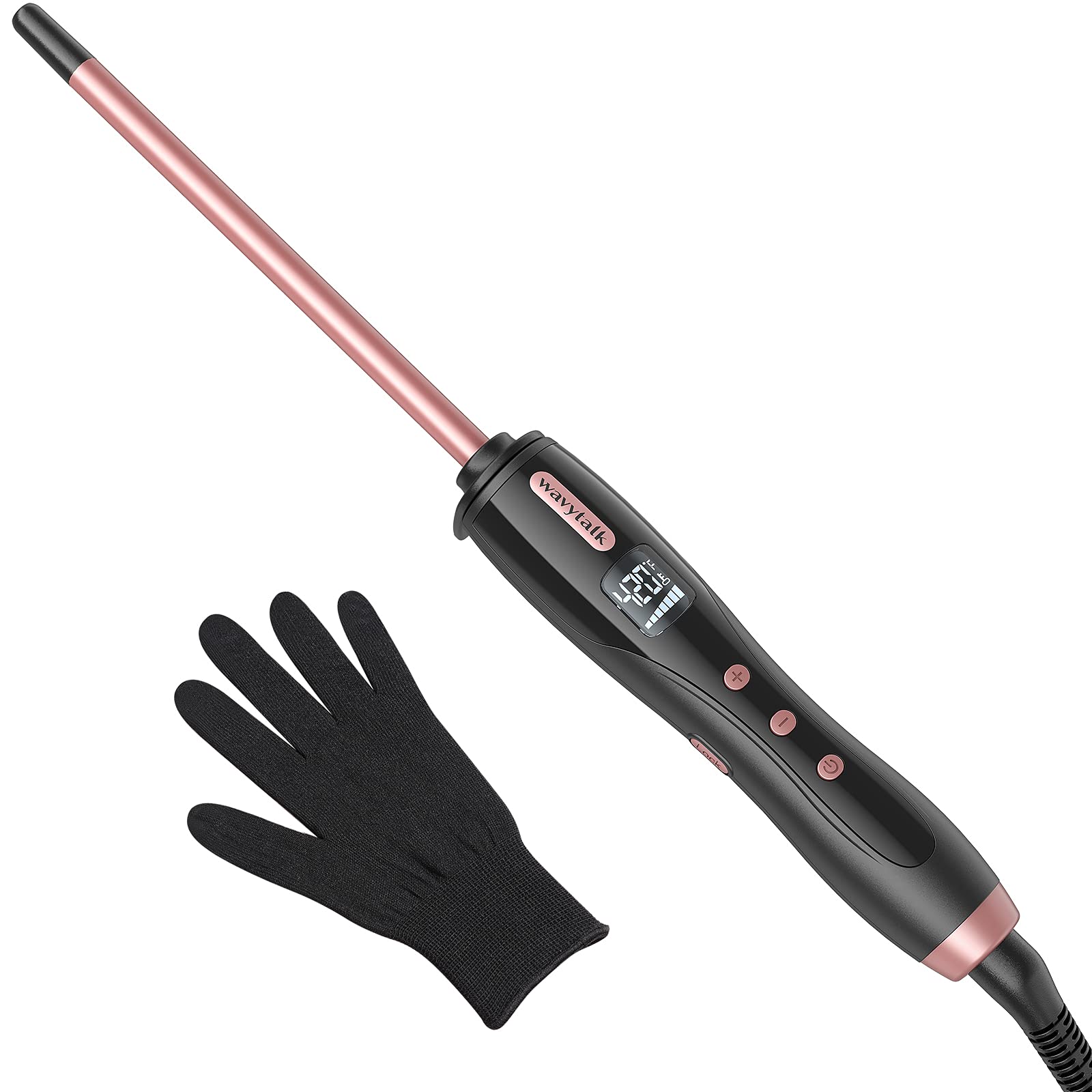 Wavytalk 3/8 Zoll Kleiner Lockenstab für kurzes und langes Haar, Keramikzylinder mit einstellbarer Temperatur, inklusive hitzebeständigem Handschuh (Rosérosa)