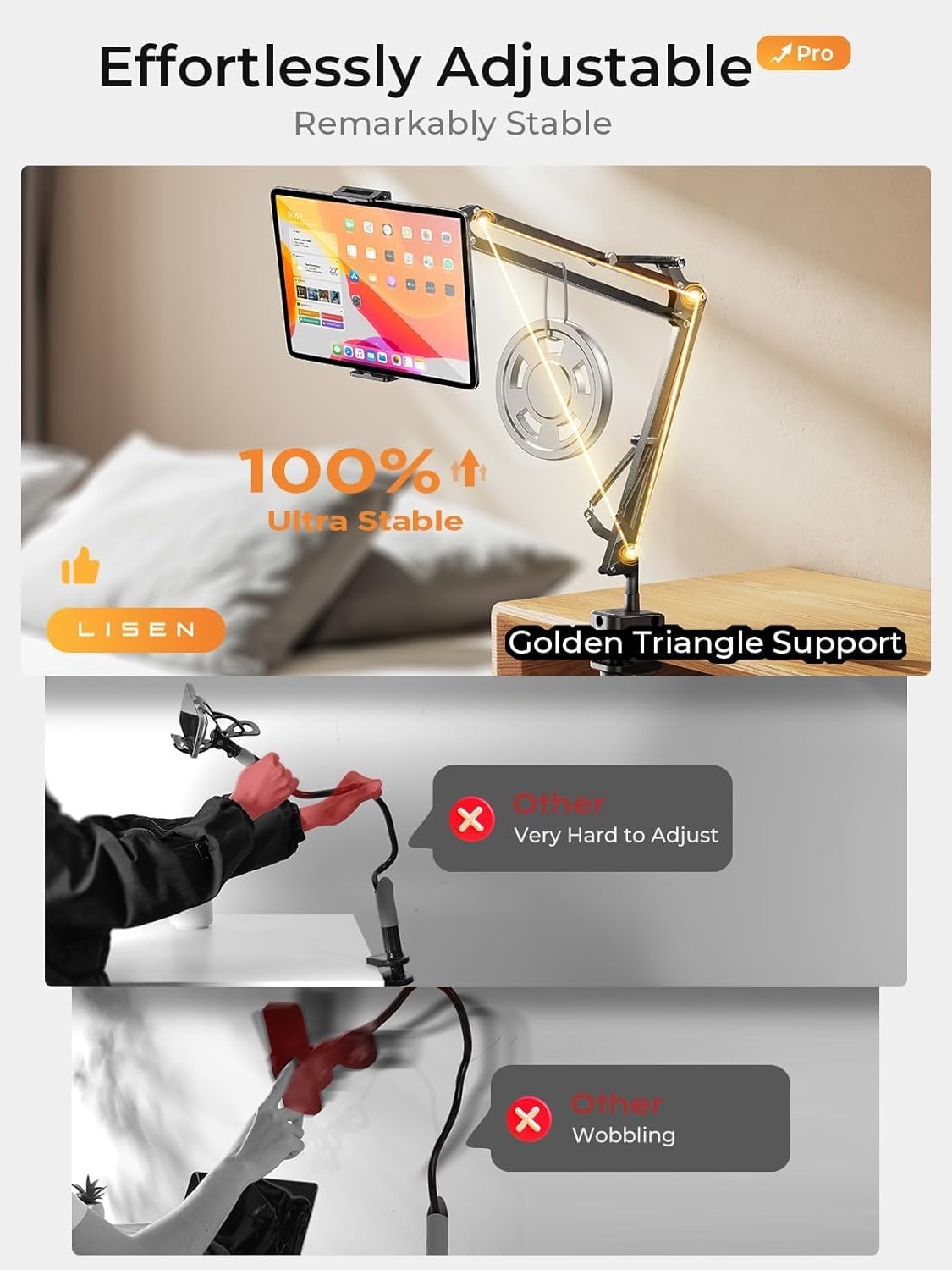 LISEN Tablet Stand Phone Holder iPad Holder for Desk Mount[Ultra Sturdy] 2 Clamps Kindle Holder for Bed Gooseneck Phone Tablet Holder Mount Phone Stand fits iPhone iPad Mini 7 Kindle 4-13" Device