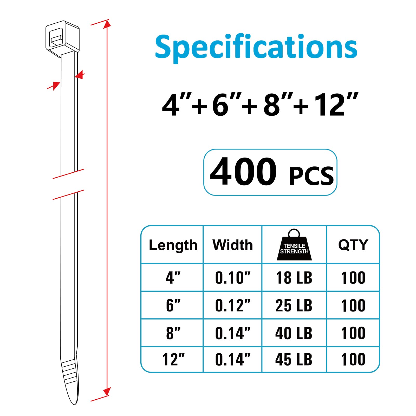 Zip Ties Assorted Sizes(4”+6”+8”+12”), 400 Pack, Black Cable Ties, UV Resistant Wire Ties by ANOSON