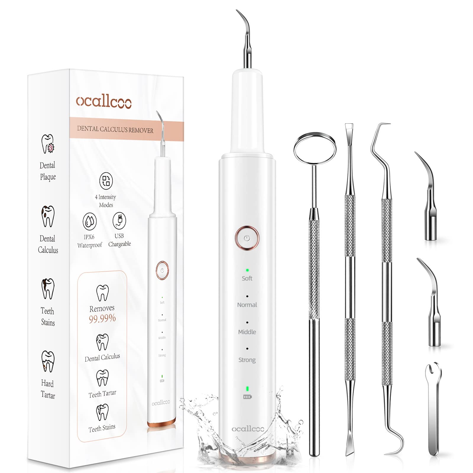 Plaque Remover for Teeth, Electric Tooth Cleaner Tartar Remover for Teeth with LED Light,4 Modes Rechargeable Teeth Cleaning Kit with Dental Tools, 2 Replaceable Heads (White A)