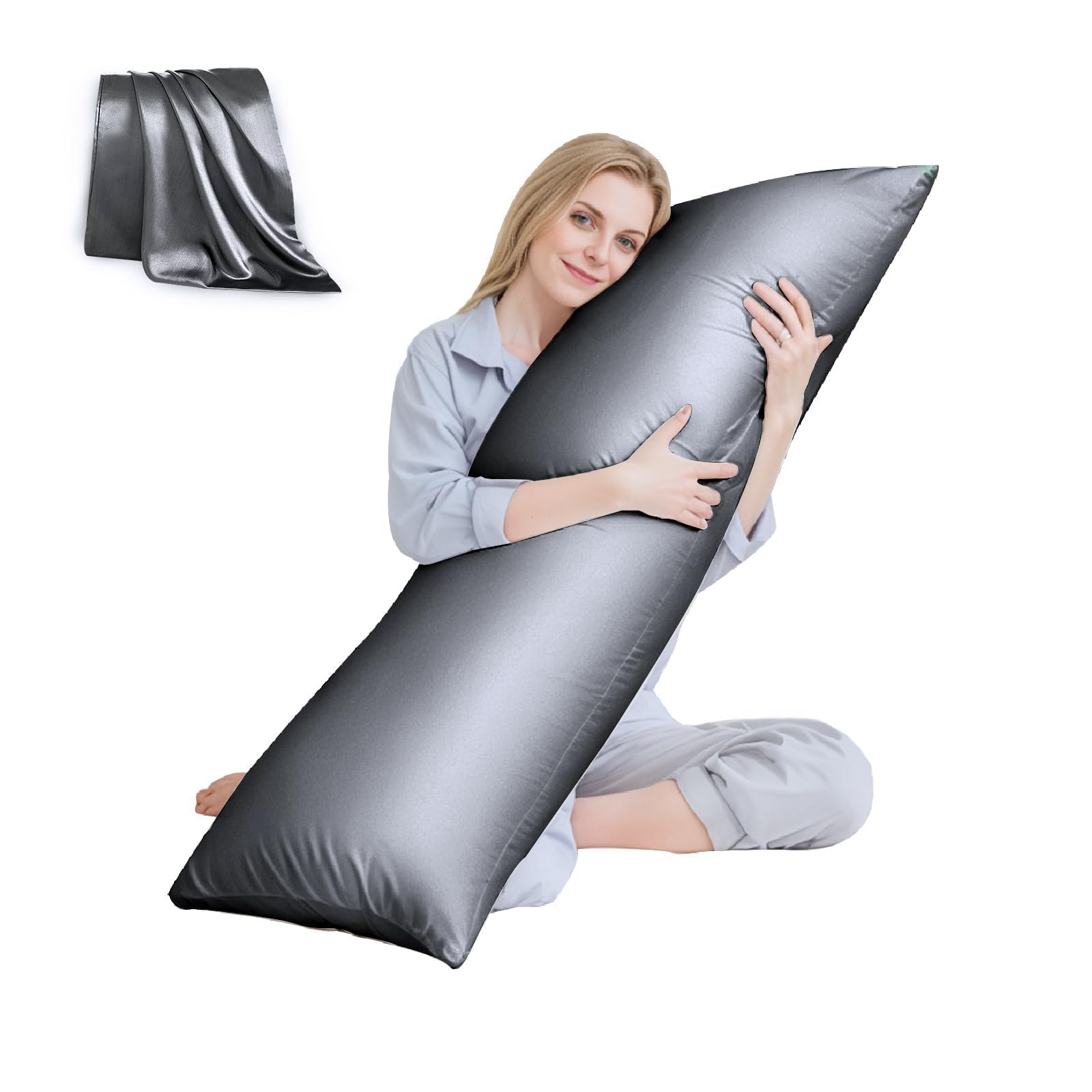 HUXMEYSON Body Pillow with Satin Pillowcase, Cooling Body Pillow for Adults, Removable Cover, Grey (20"x54")