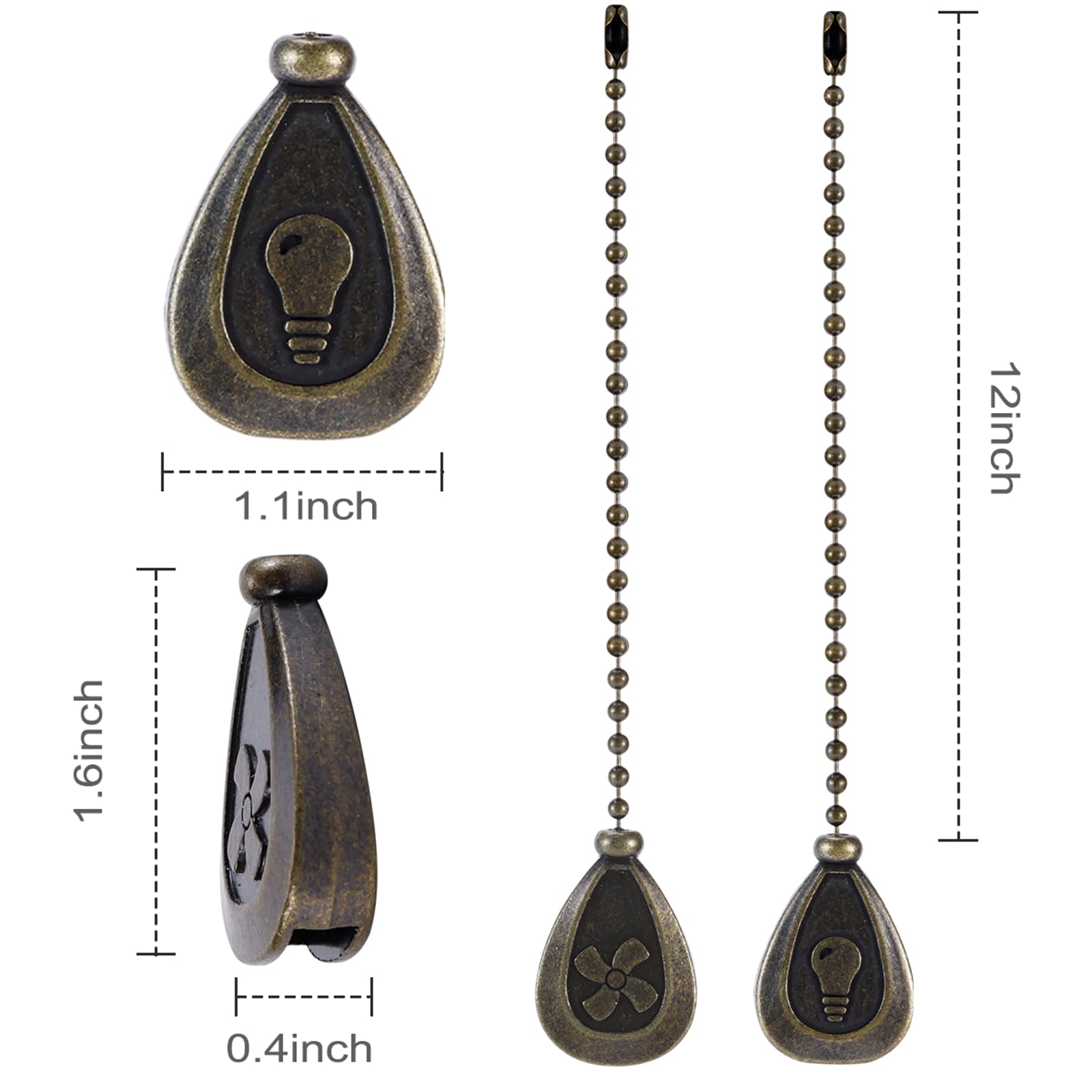 4 Pack Bronzed Ceiling Fan Pull Chain Extension, 12 Inches Classic Drop Shaped Pendant Pull Chains for Ceiling Fans and Lights, Decorative Fan Pulls Extenders with Connector (2 light and 2 fan)