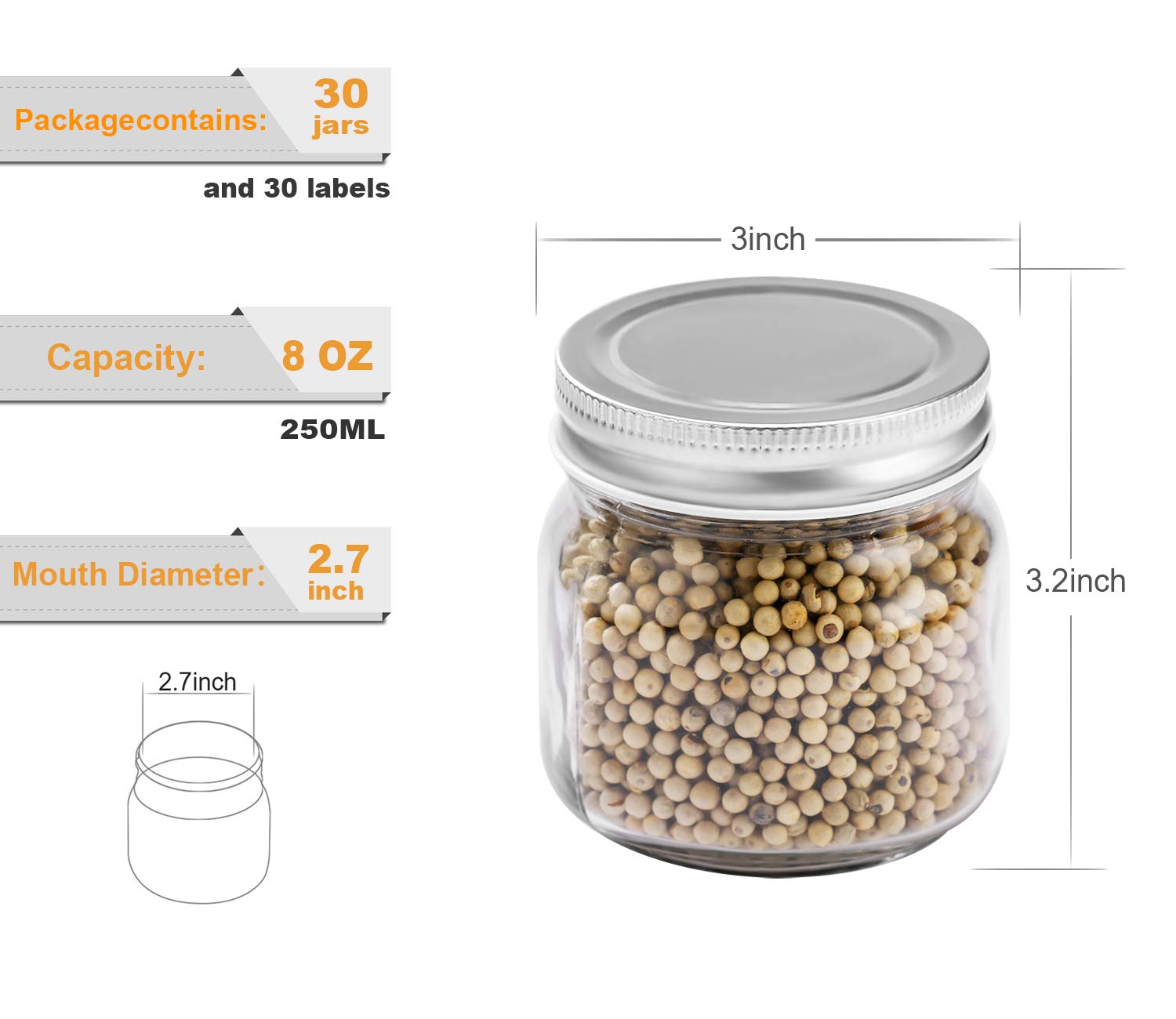 Mason Jars 8 oz 30 Pack- Small Mason Jars With Silver Lids -1/4 Quart Canning Jars| Storage Glass Jars With Lids For Jelly, Jam, Honey, Pickles - Spice Glass Jars - With 30 Chalkboard Labels