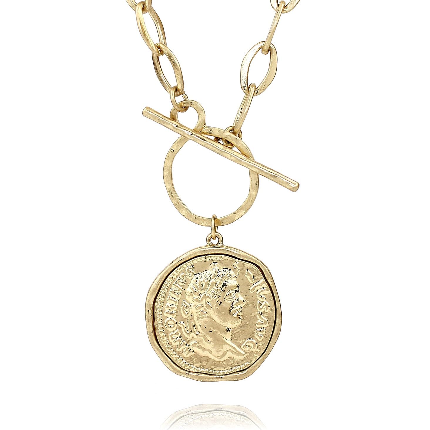 POMINA Chunky Gold Coin Necklace Trendy Fashion Statement Toggle Necklace Antique Gold Pendant Thick Link Chain Necklaces for Women (Worn Gold)