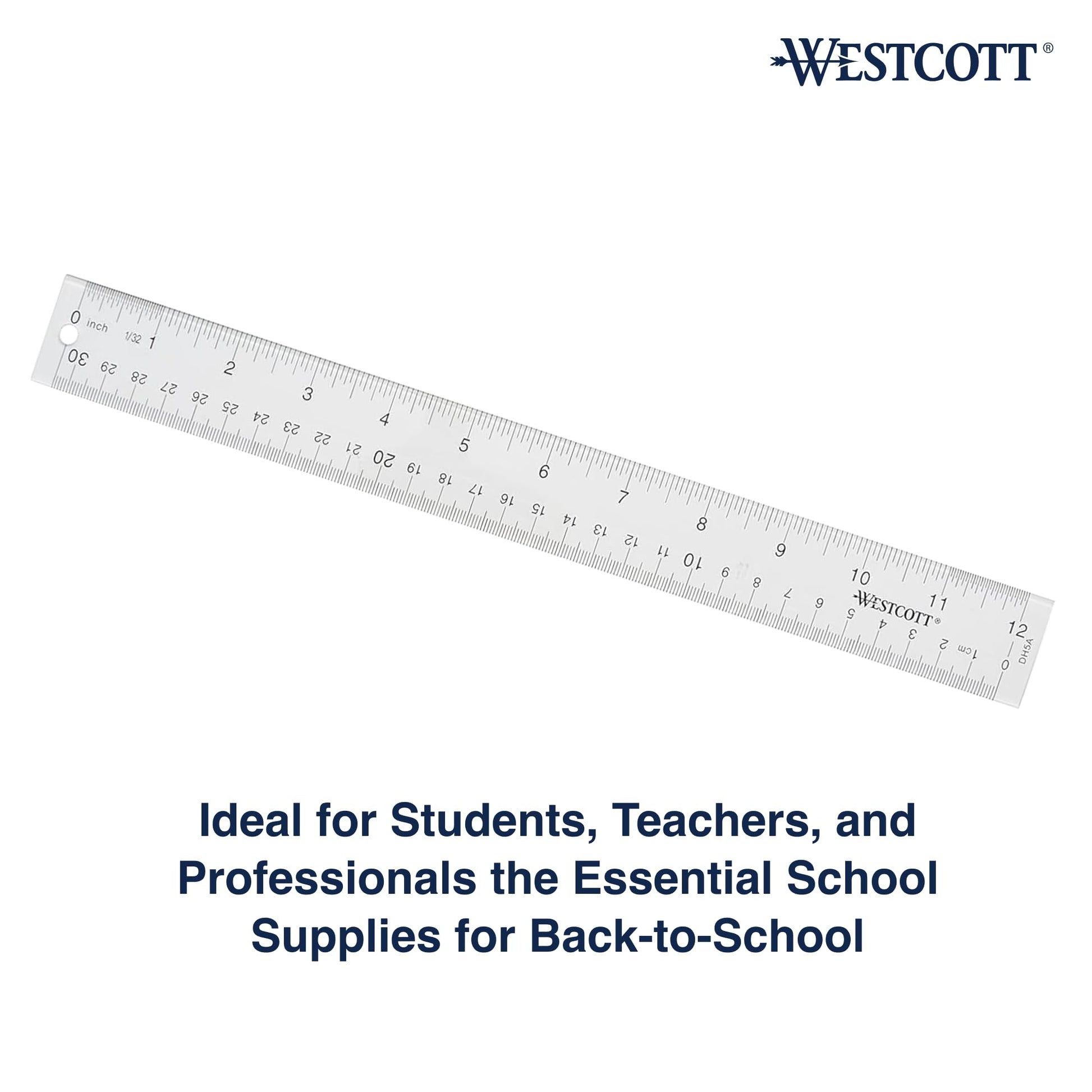 Westcott Acrylic Clear Ruler, Easy-to-Read Markings, Scratch-Resistant Design, Raised Beveled Edges, for Crafting, Office, Classroom, Back to School, School Supplies, 12-Inch