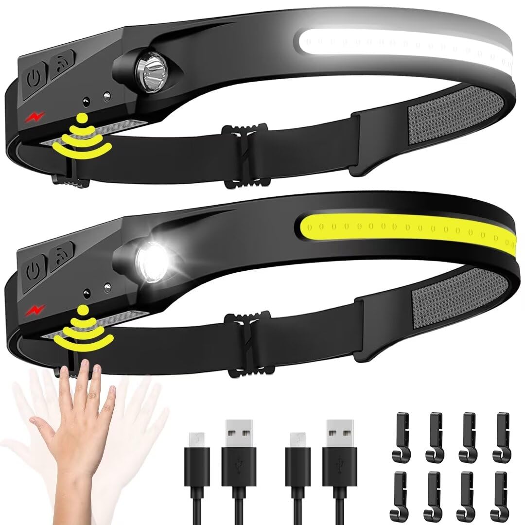 Headlamp Rechargeable 2PCS, 230 degrees Wide Beam Head Lamp LED with Motion Sensor for Adults - Camping Accessories Gear, Waterproof Head Light Flashlight for Hiking, Running, Repairing, Fishing, Cycling