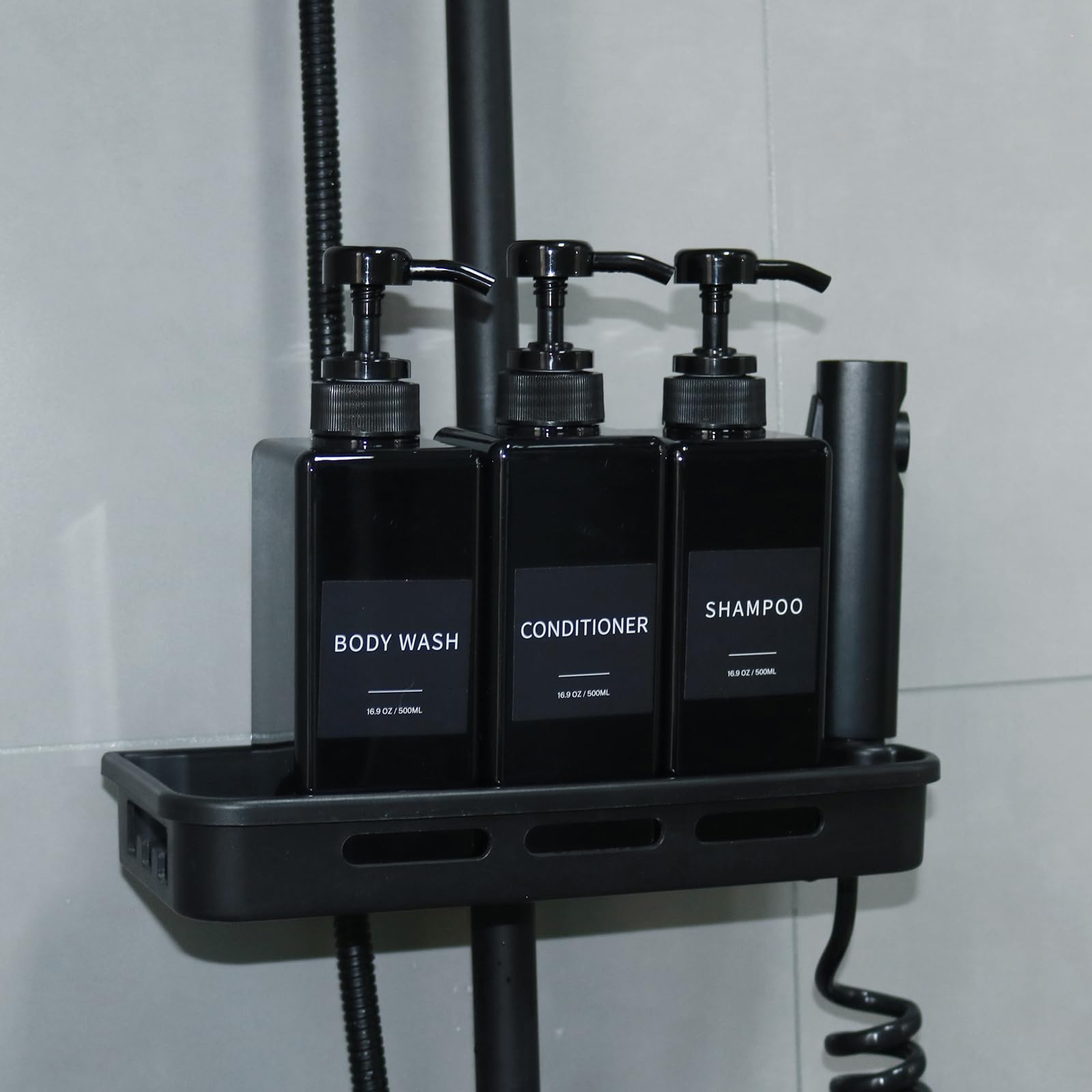 Shampoo and Conditioner Dispenser, Refillable Plastic Shampoo Pump Bottles with Waterproof Labels, Empty Body Wash Dispenser Set for Bathroom, Shower Soap Bottles (Black, Set of 3, 16.9oz)