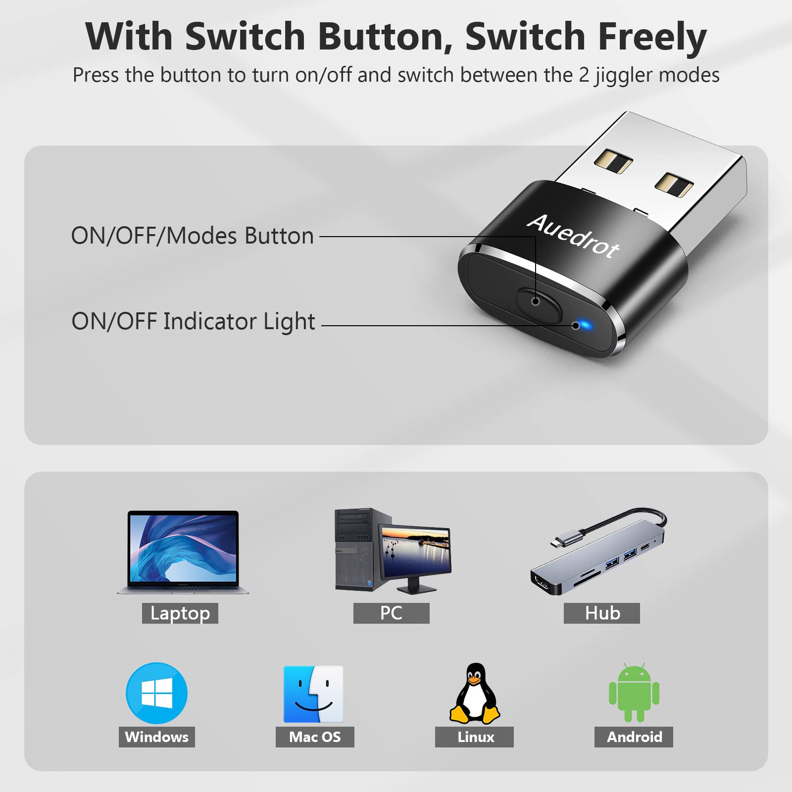 AUEDROT Mouse Jiggler Undetectable Mouse Jiggers USB Mouse Mover with Switch Button, Automatic Mouse Wiggler with 2 Jiggle Modes, Mouse Mover Device, Plug & Play, Keep Computer/Laptop Awake, Black