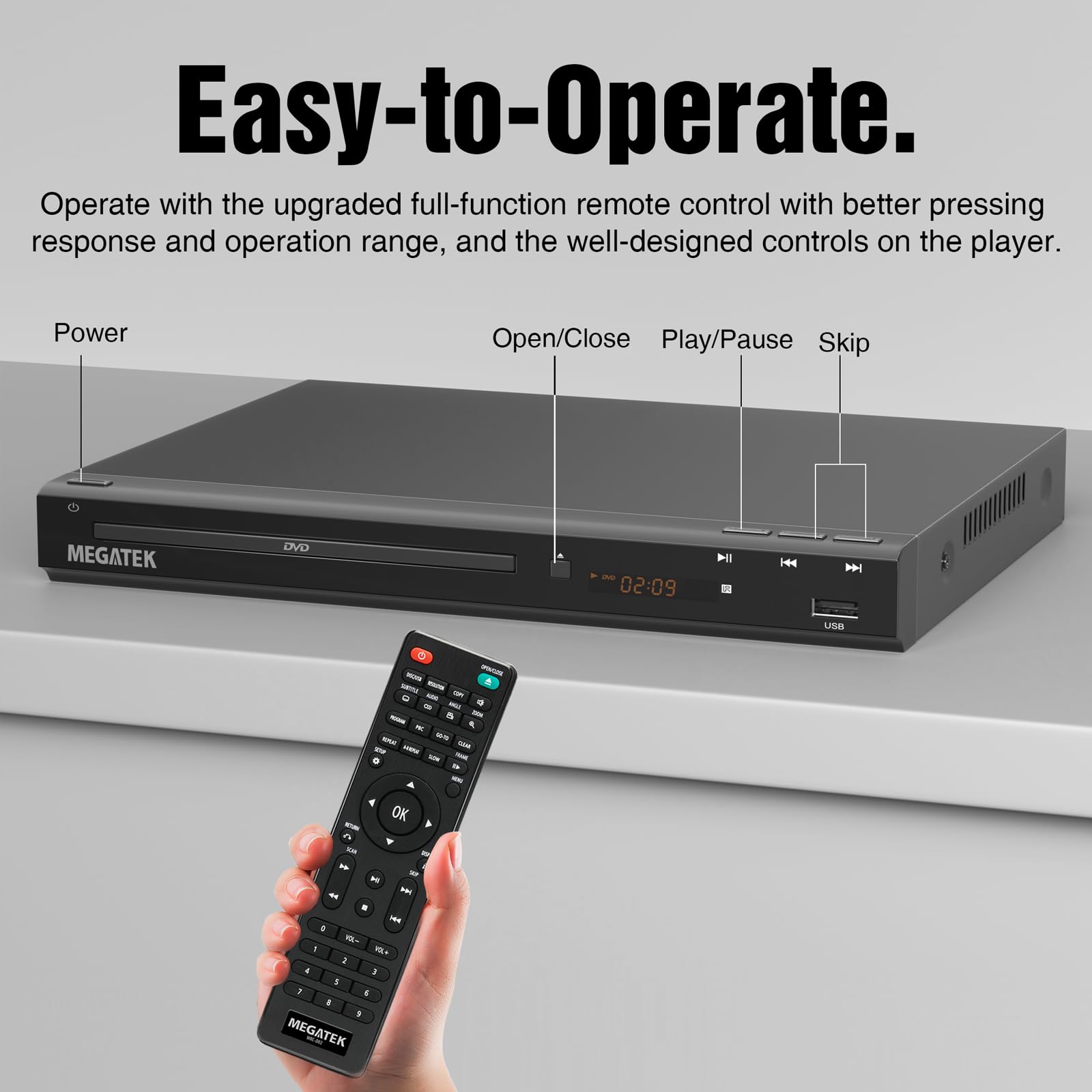 MEGATEK Region-Free HDMI DVD Player for TV, Compact CD/DVD Player for Smart TV, USB Port, Plays All Region DVDs & Multi Formats, Metal Housing, HDMI/RCA Cables & Remote Included