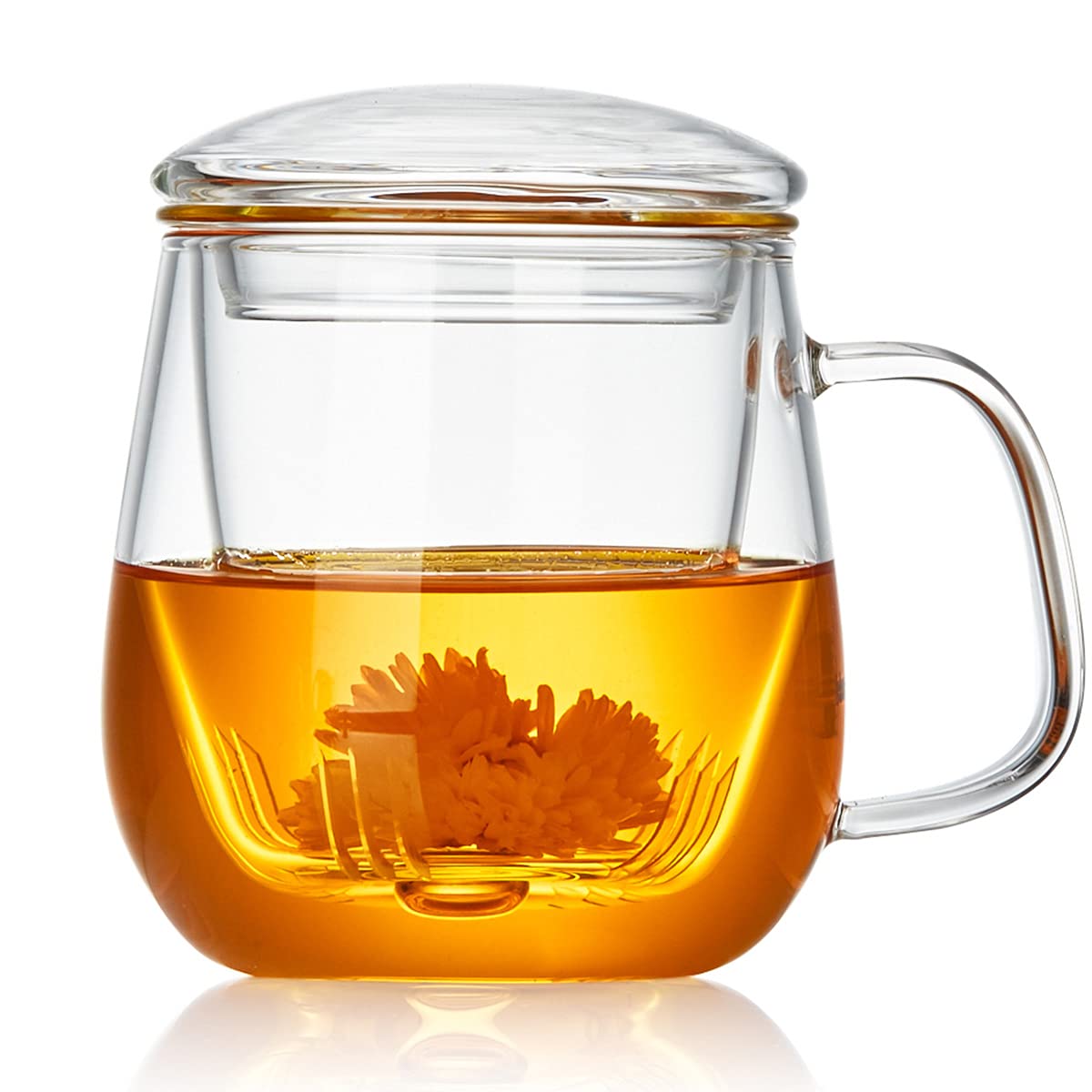 DOPUDO Glass Tea Cup with Infuser and Lid, 17.6oz/520ml Large Borosilicate Teacup,Tea Glass, Clear Mug for Loose Leaf Tea, Blooming Tea, Microwave & Dishwasher Safe - Tea Maker Gift for Birthday
