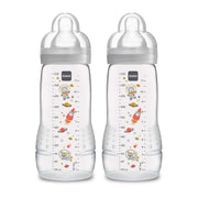 MAM Easy Active Baby Bottles 11oz, Fast Flow Skinsoft Silicone Nipple with Wide Neck Ergonomic Design, Easy to Hold, BPA-Free, Bottles with Leak-Proof Caps for 4+ Months Baby