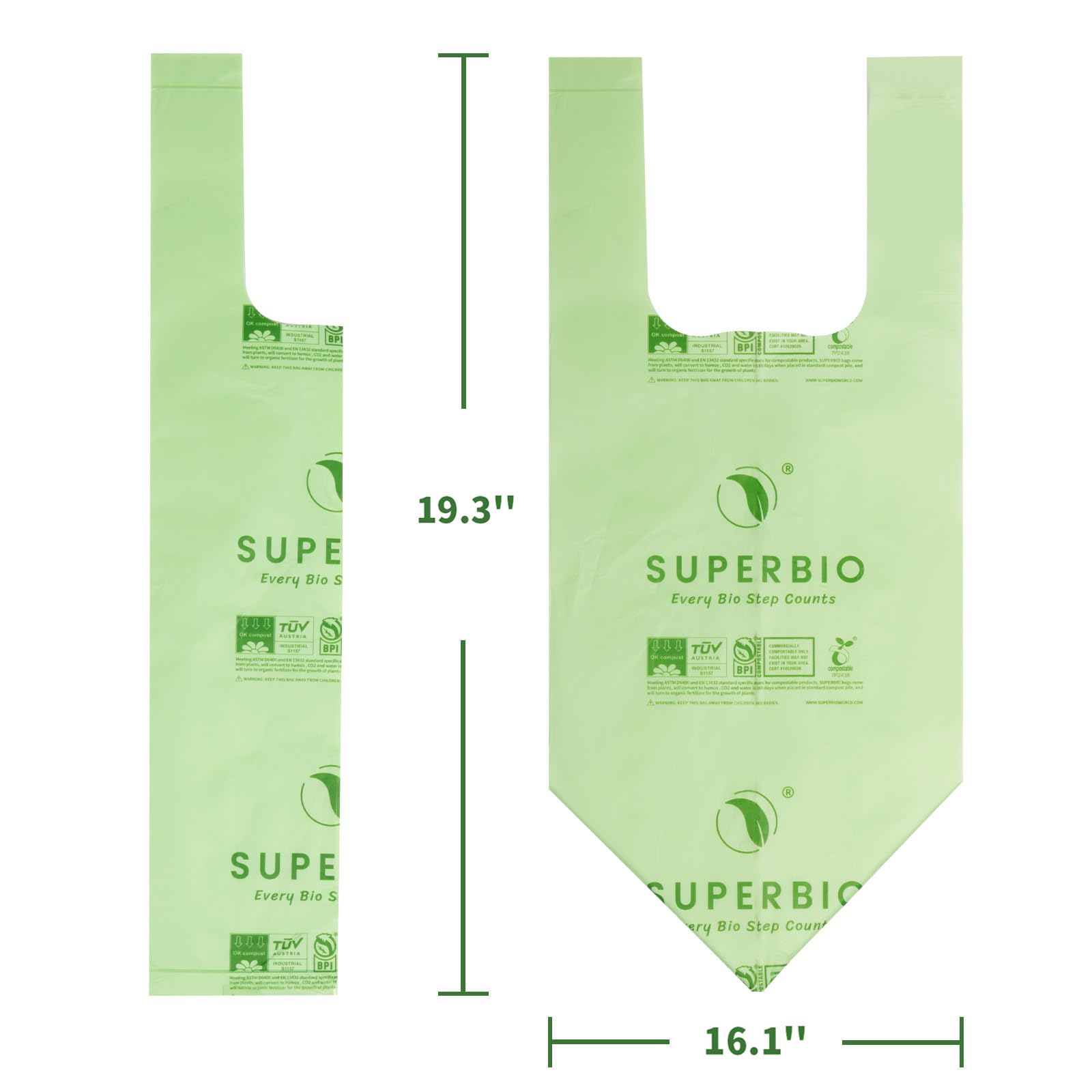 SUPERBIO 1.6 Gallon Handle Tie Compostable Food Scrap Bags For Counter Top Compost Bin, Small Compost Bags, 50 Count, 6 Liter, BPI & OK compost INDUSTRIAL Certified